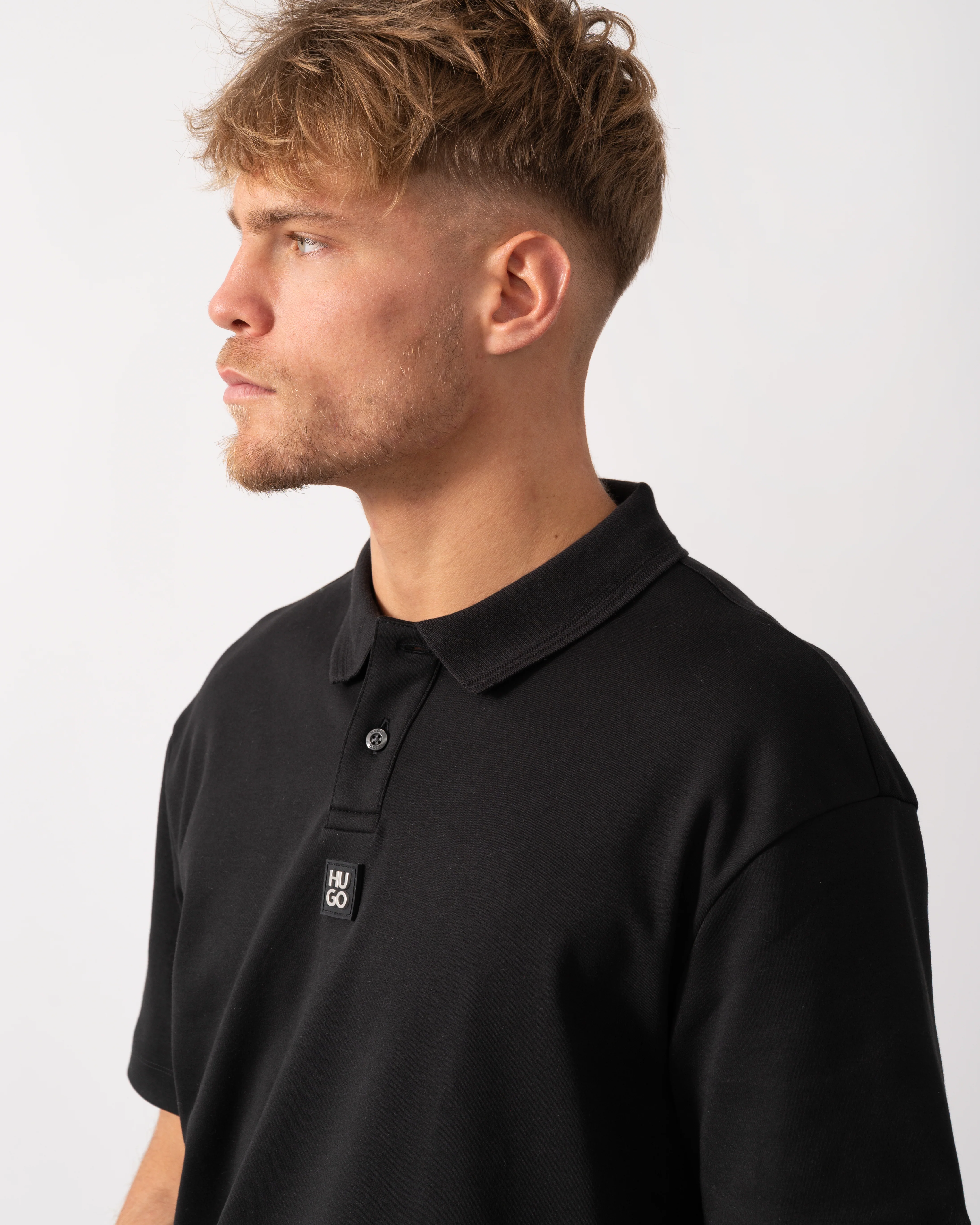 HUGO Deabono Mens Interlock Cotton Polo Shirt with Stacked Logo - Black 002 - Image 3