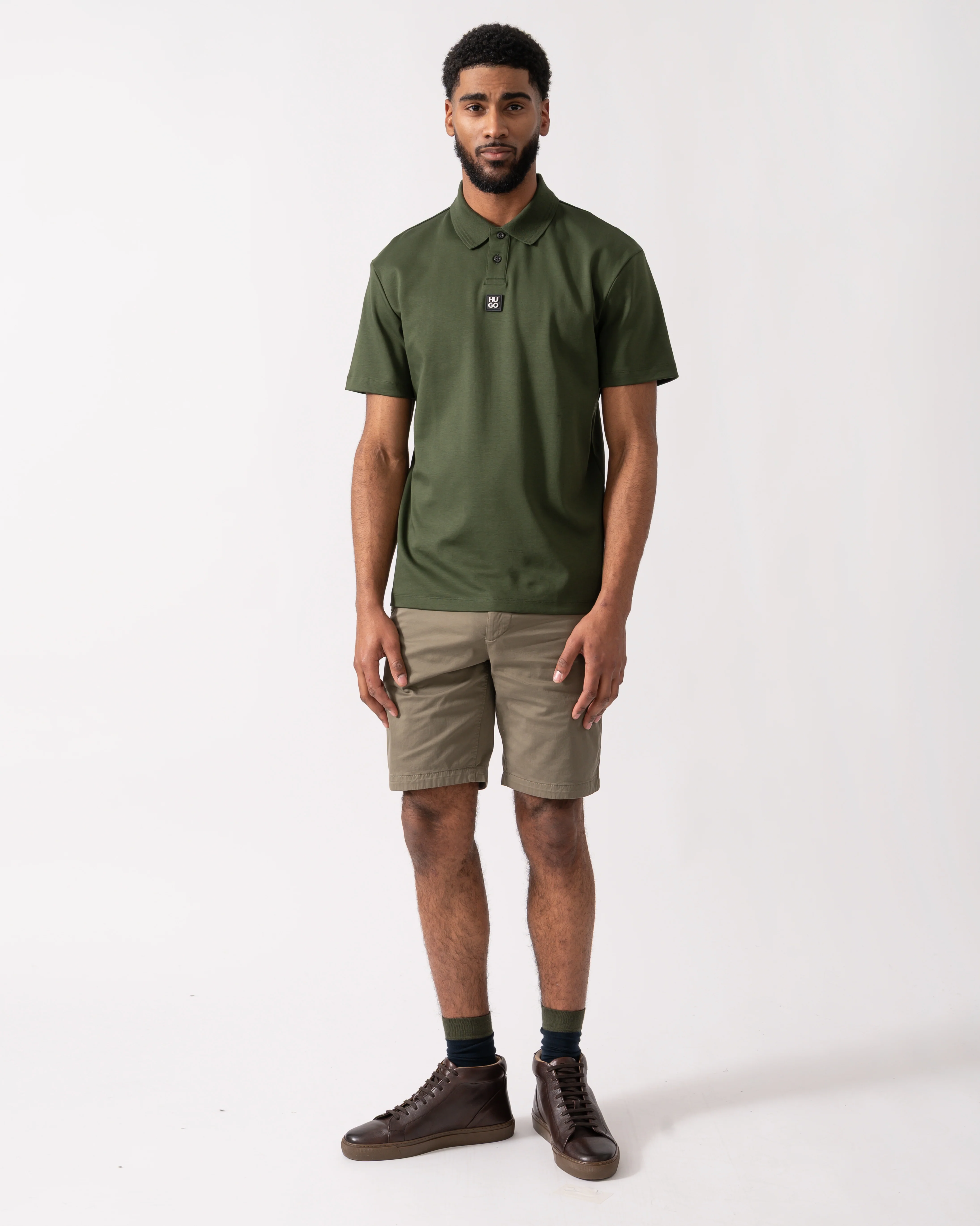 HUGO Deabono Mens Interlock Cotton Polo Shirt with Stacked Logo - Dark Green 309 - Image 2