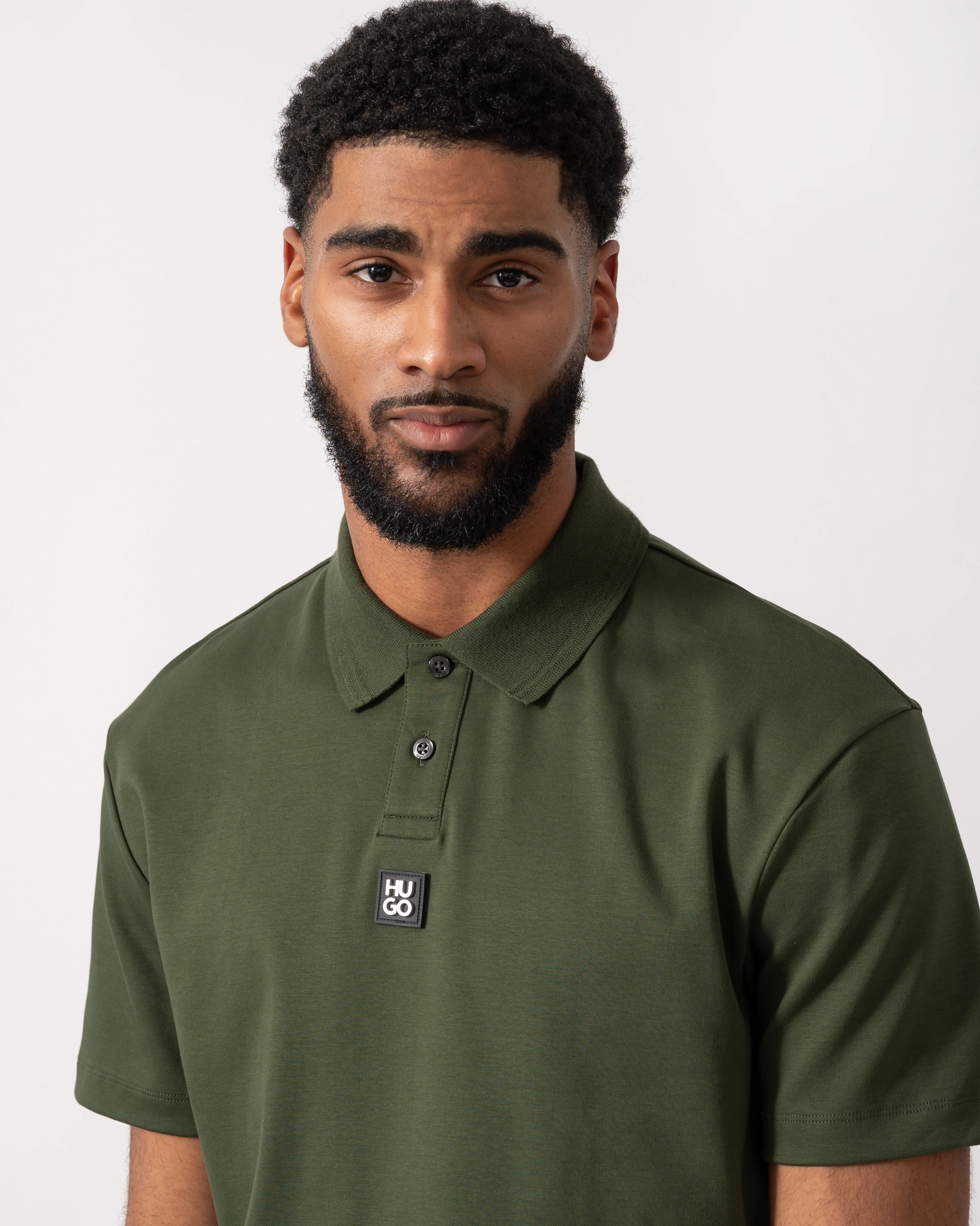 HUGO Deabono Mens Interlock Cotton Polo Shirt with Stacked Logo - Dark Green 309 - Image 3