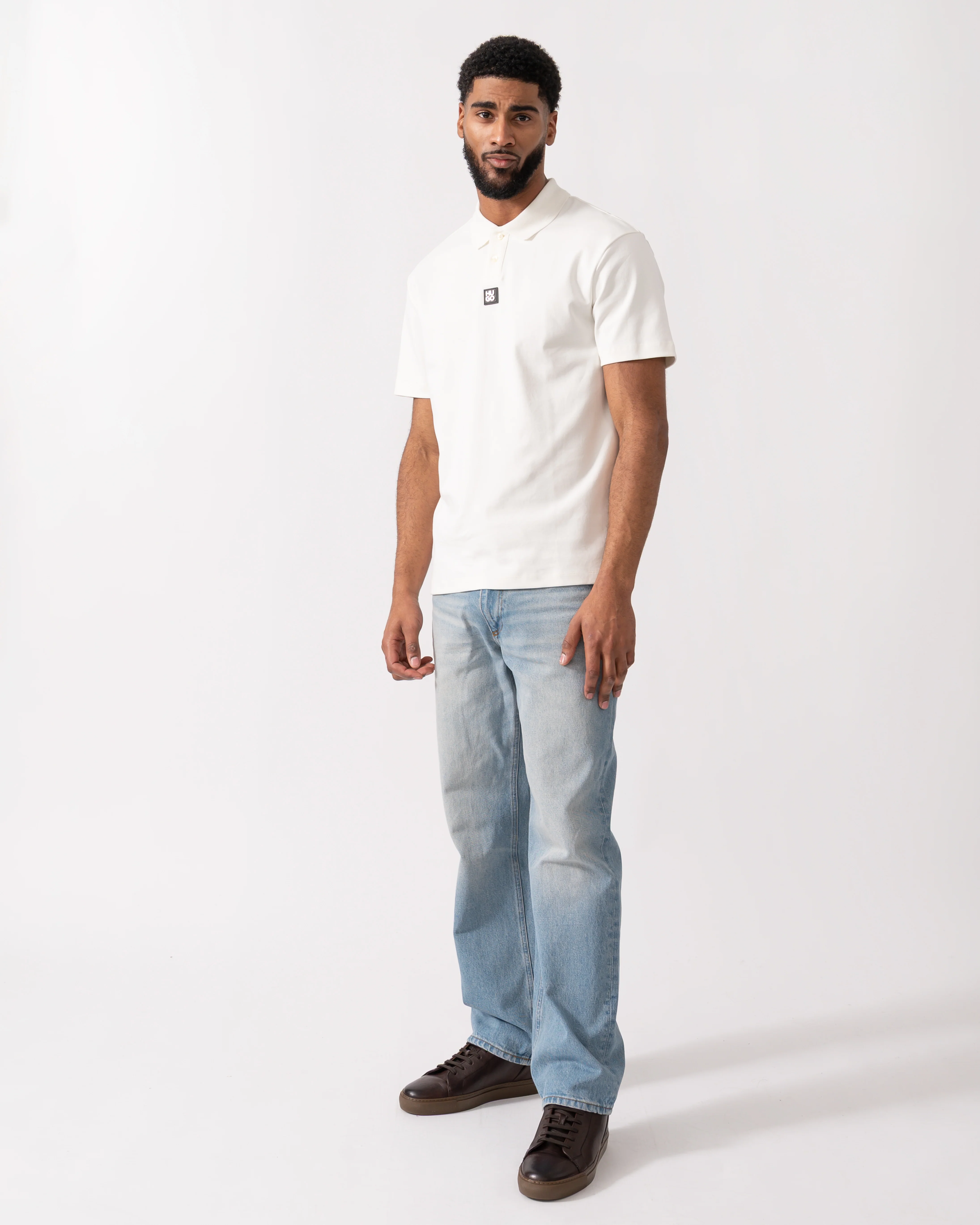 HUGO Deabono Mens Interlock Cotton Polo Shirt with Stacked Logo - Natural 103 - Image 2