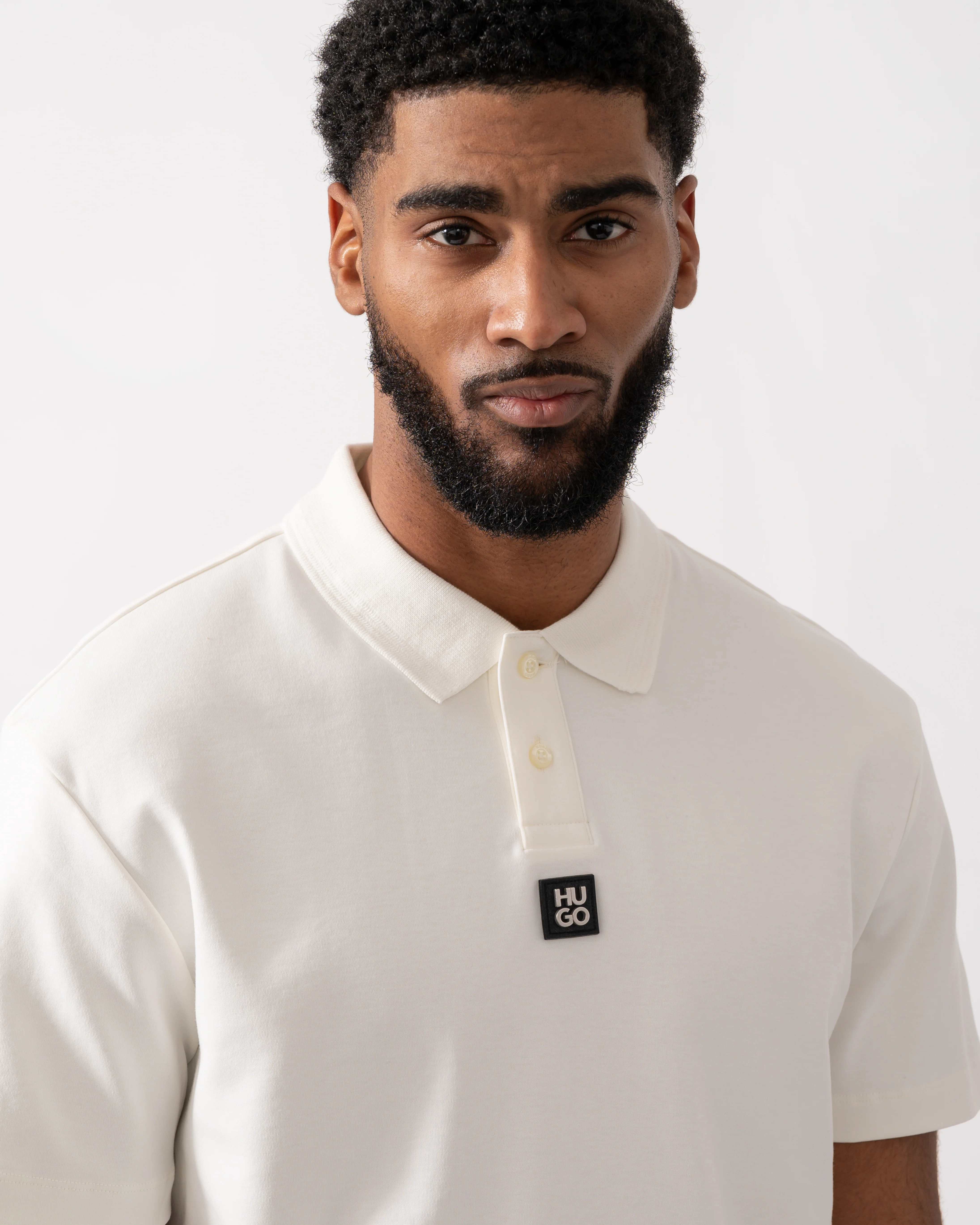 HUGO Deabono Mens Interlock Cotton Polo Shirt with Stacked Logo - Natural 103 - Image 3