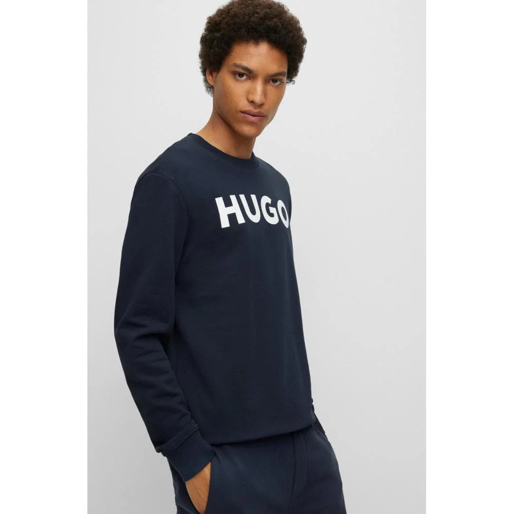 HUGO Dem Large Logo Mens Crew Neck Sweatshirt - Dark Blue 405 - Image 3