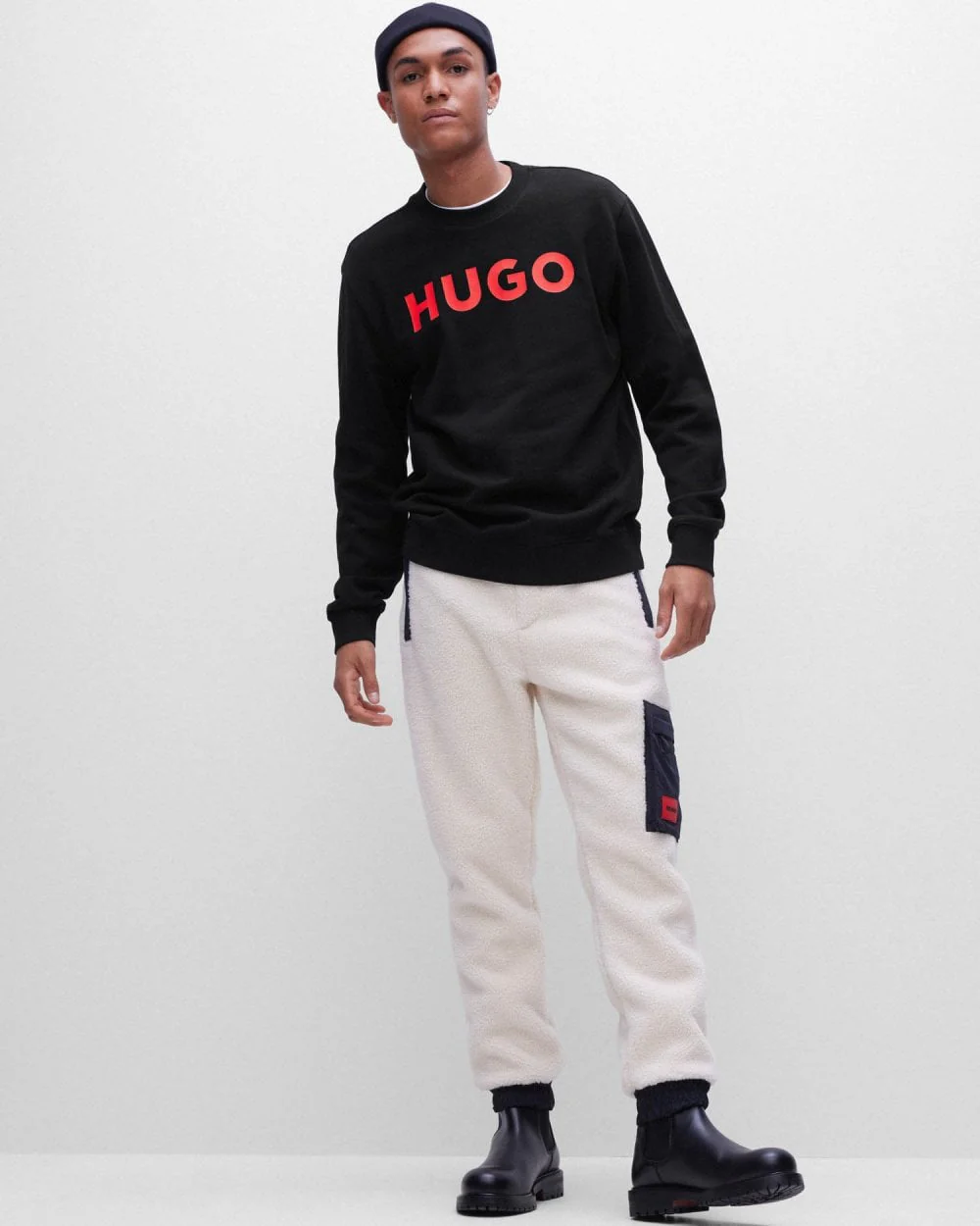 HUGO Dem Large Logo Mens Crew Neck Sweatshirt - Black 001 - Image 2