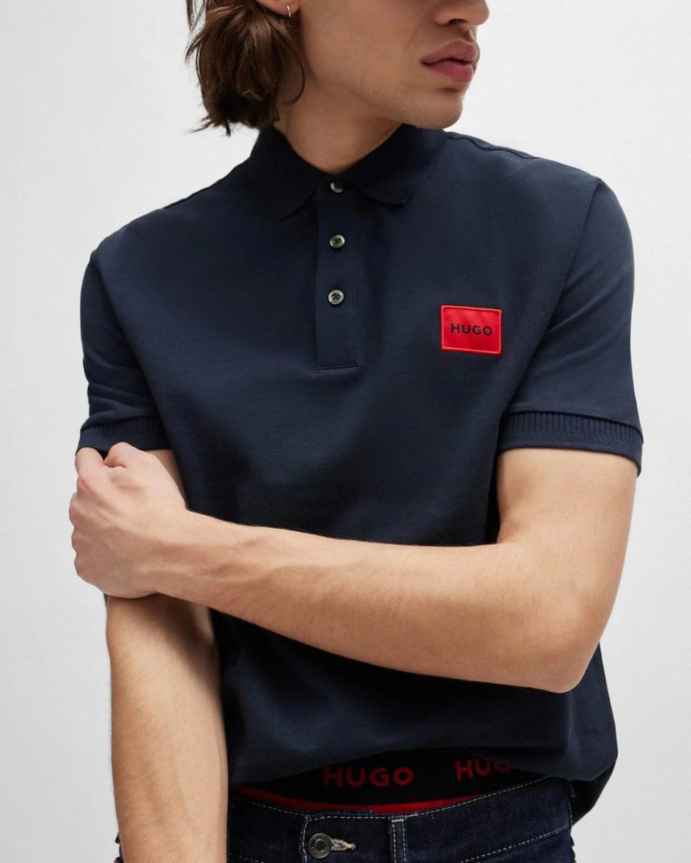 HUGO Dereso222 Mens Cotton Piqué Slim-Fit Polo Shirt with Logo Label NOS - Dark Blue 405 - Image 2