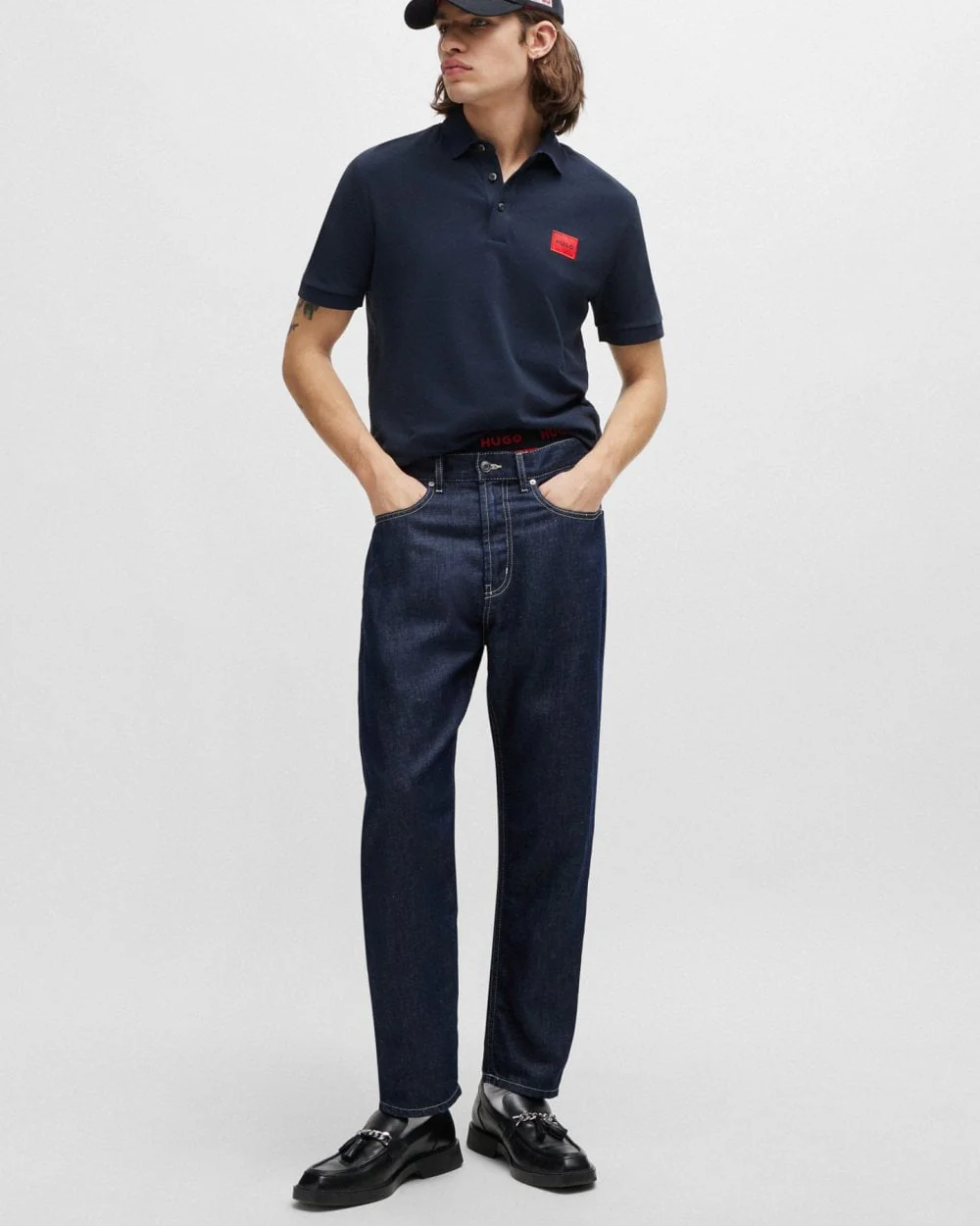HUGO Dereso222 Mens Cotton Piqué Slim-Fit Polo Shirt with Logo Label NOS - Dark Blue 405 - Image 3