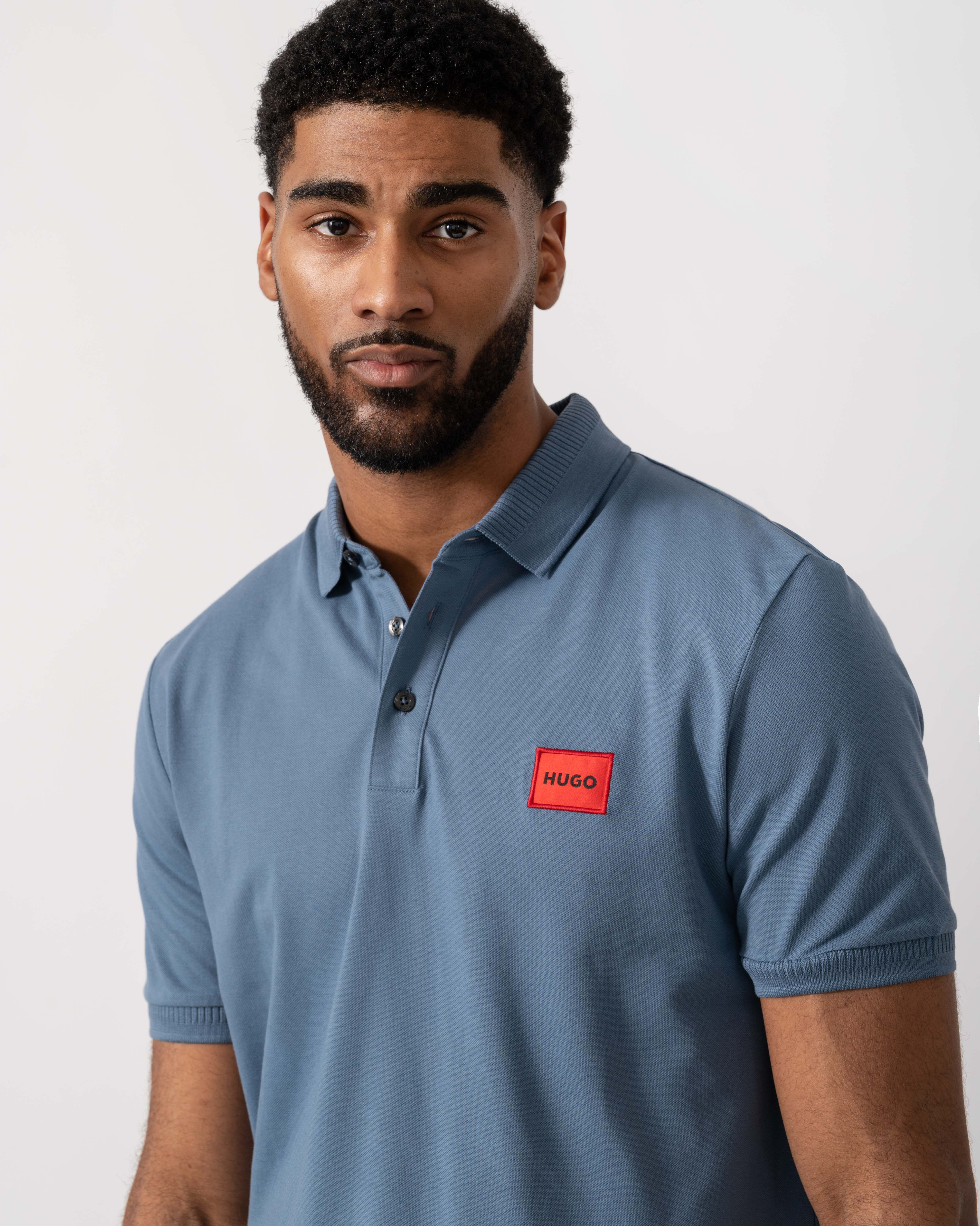 HUGO Dereso222 Mens Cotton Piqué Slim-Fit Polo Shirt with Logo Label - Open Blue 496 - Image 2