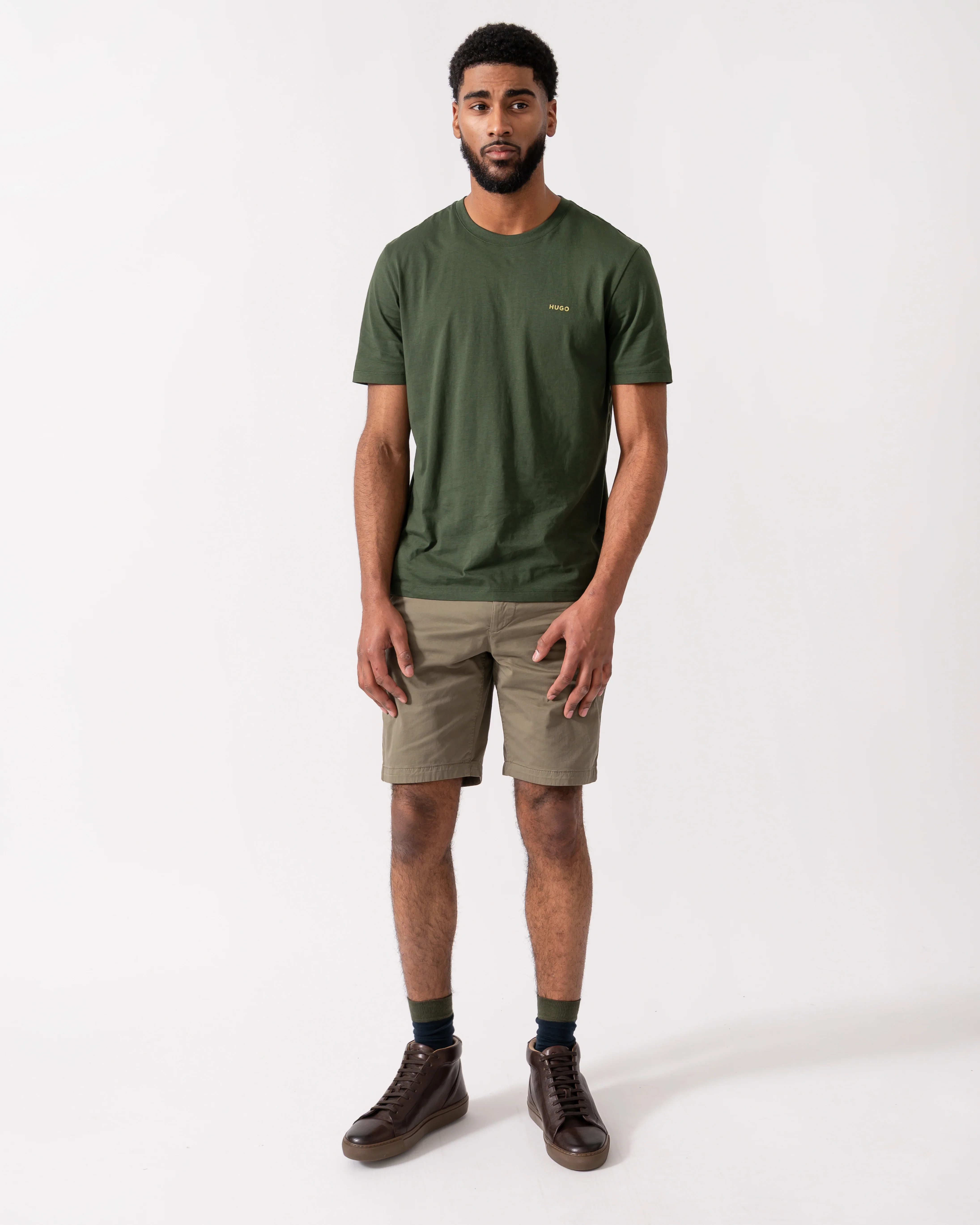 HUGO Dero222 Mens Cotton-Jersey T-Shirt with Logo Print - Dark Green 309 - Image 2