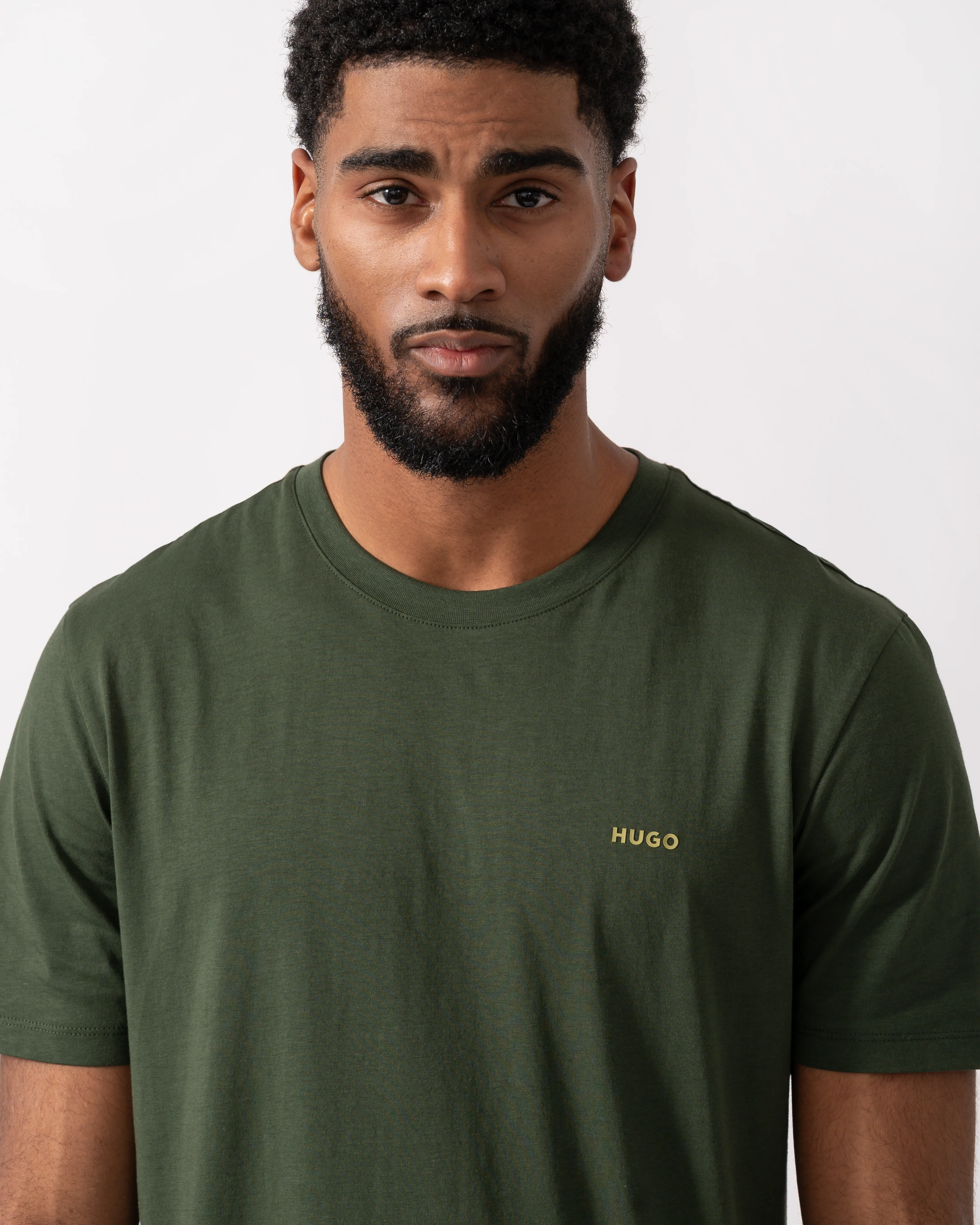 HUGO Dero222 Mens Cotton-Jersey T-Shirt with Logo Print - Dark Green 309 - Image 3