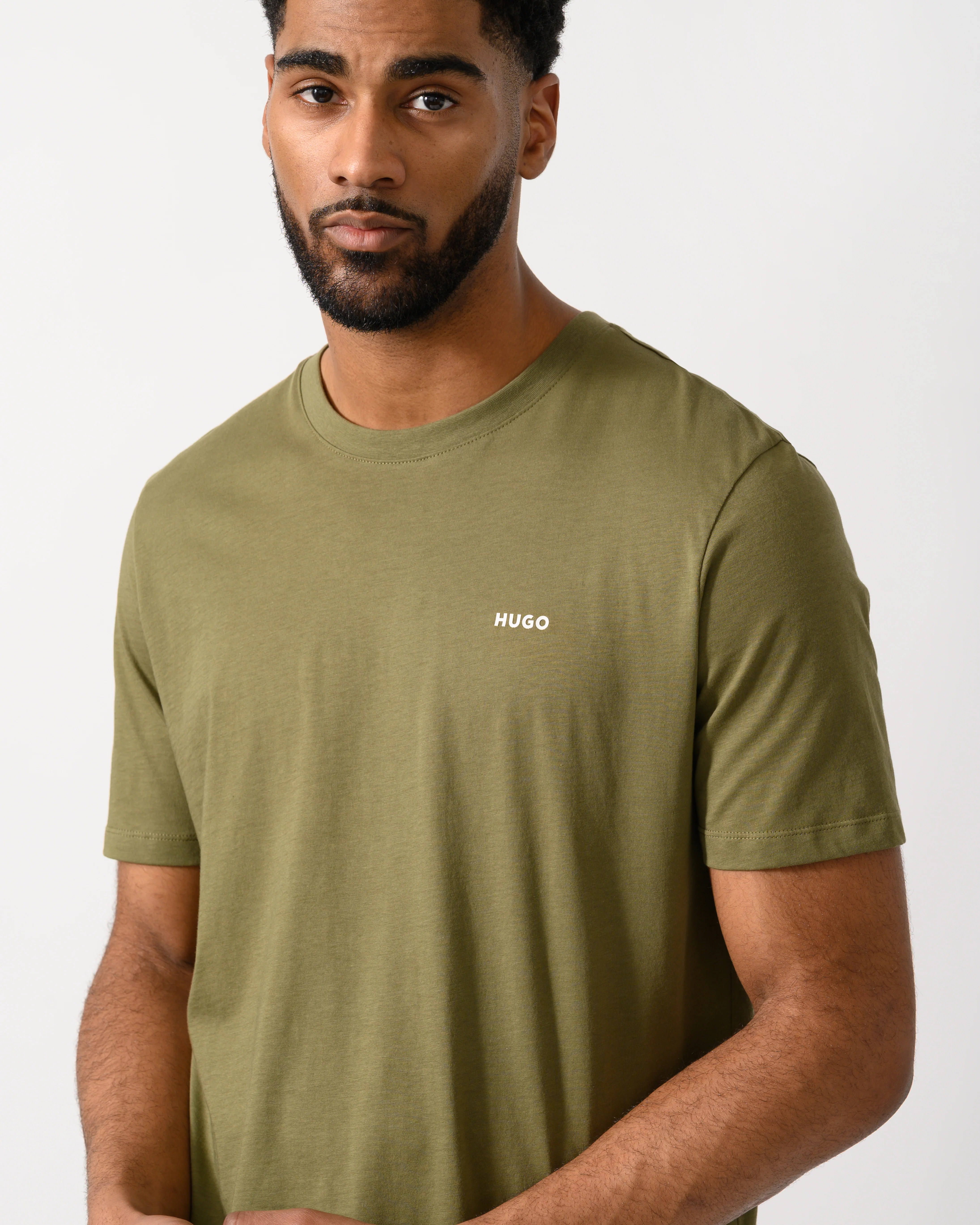 HUGO Dero222 Mens Cotton-Jersey T-Shirt with Logo Print - Open Green 389 - Image 3