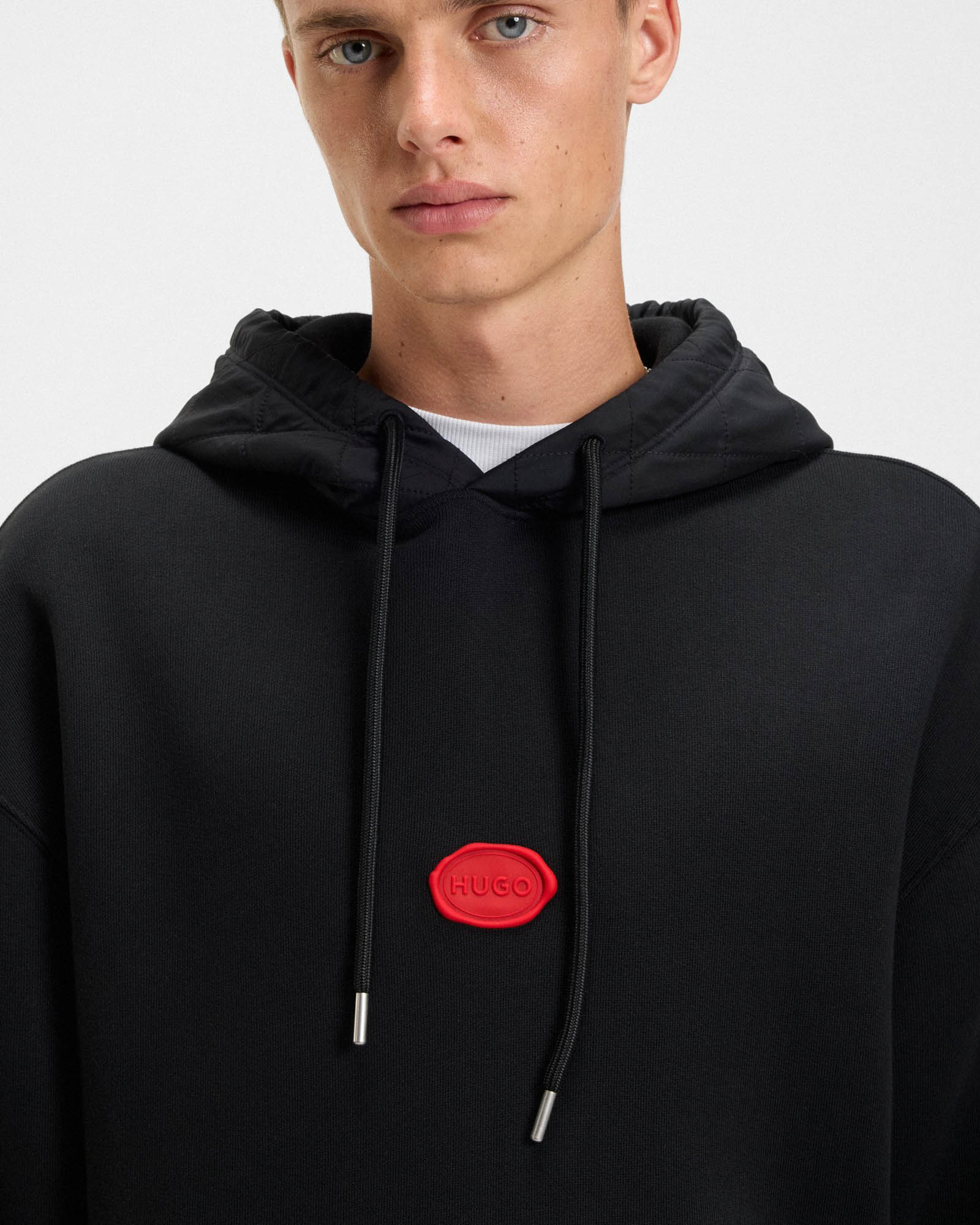 HUGO Dilvano Mens Pullover Hoodie with Waxed-Stamp Logo - Black 001 - Image 2