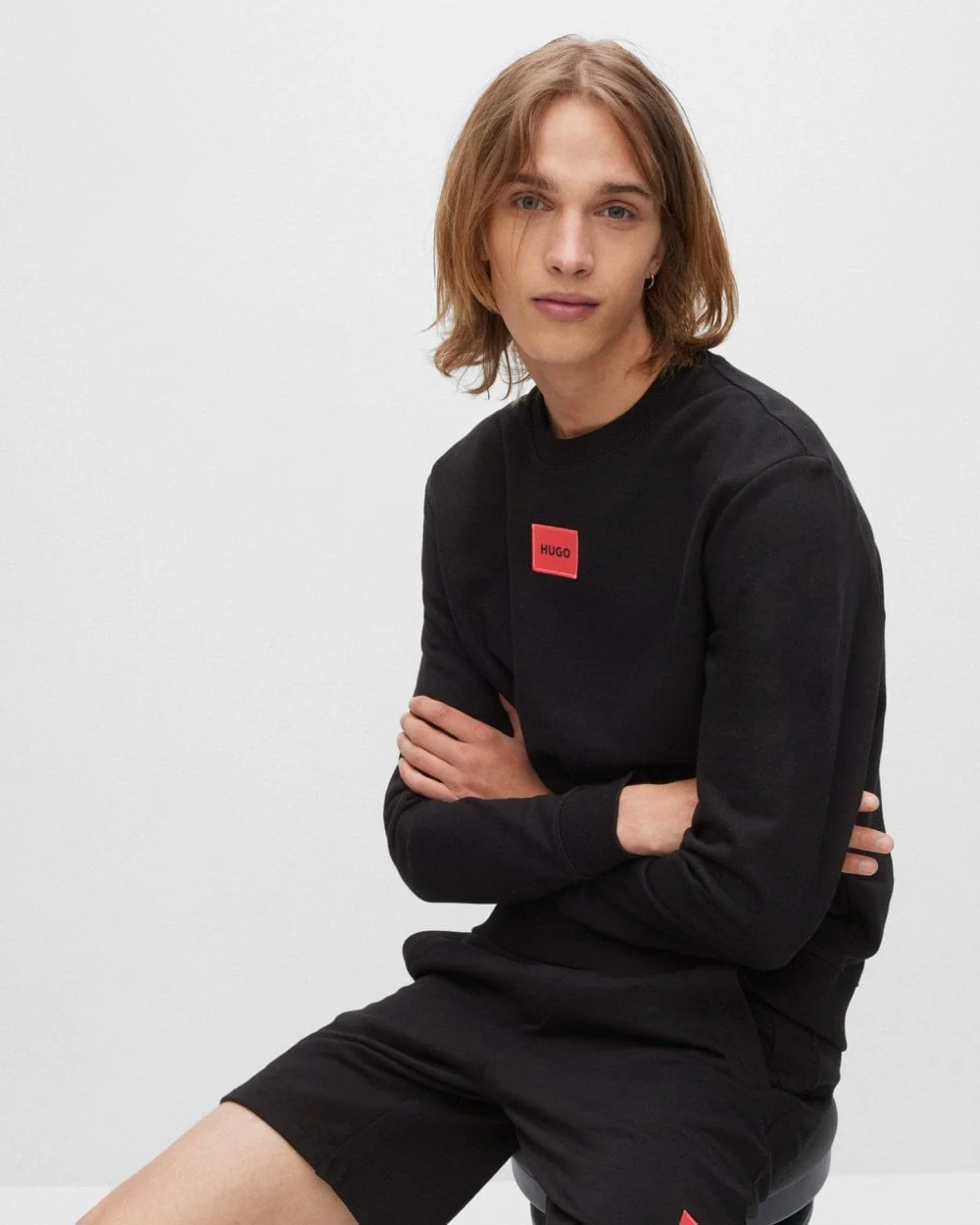 HUGO Diragol212 Label Logo Mens Sweatshirt - Black 001 - Image 2