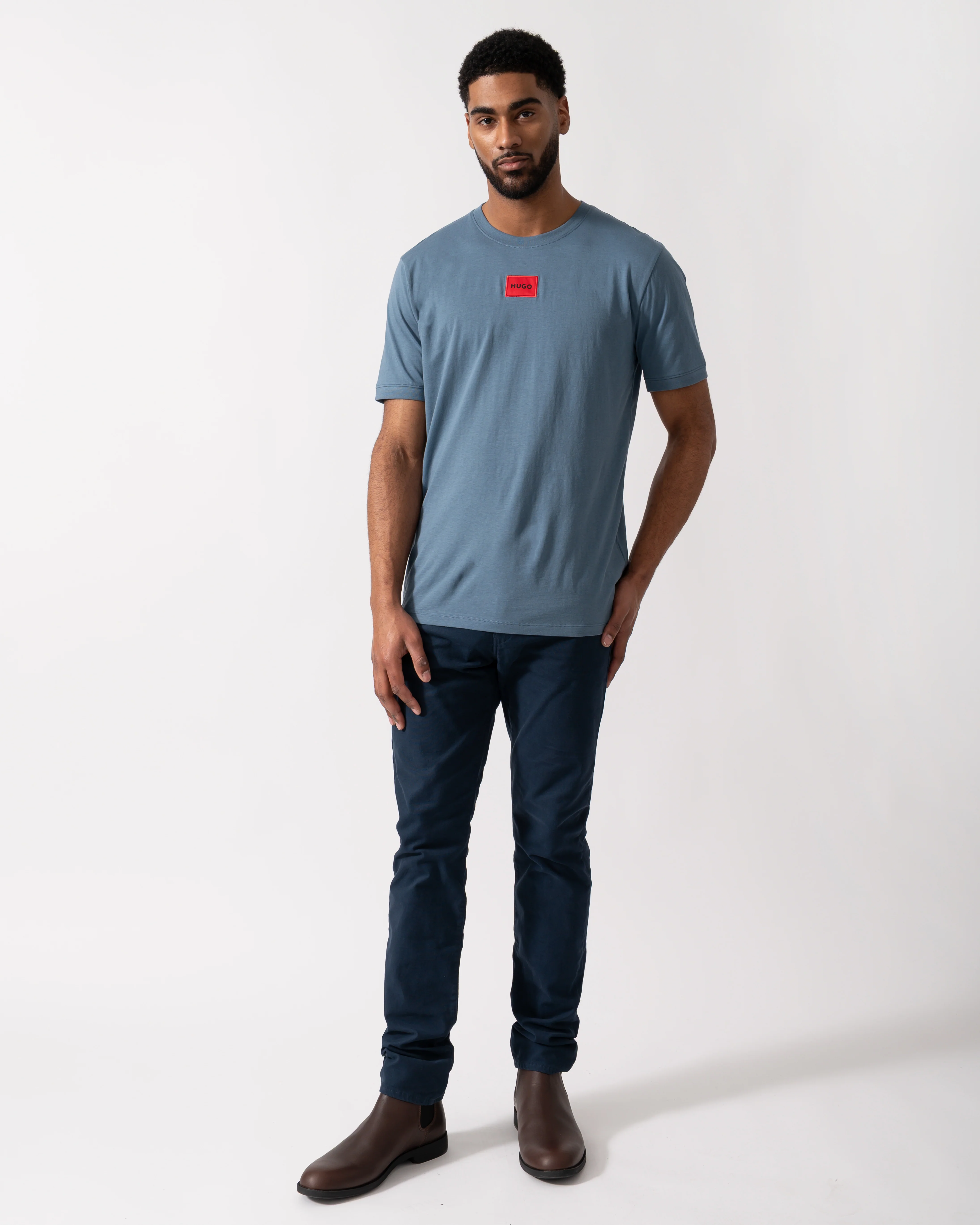 HUGO Mens Diragolino212 Label Logo T-Shirt - Open Blue 496 - Image 2
