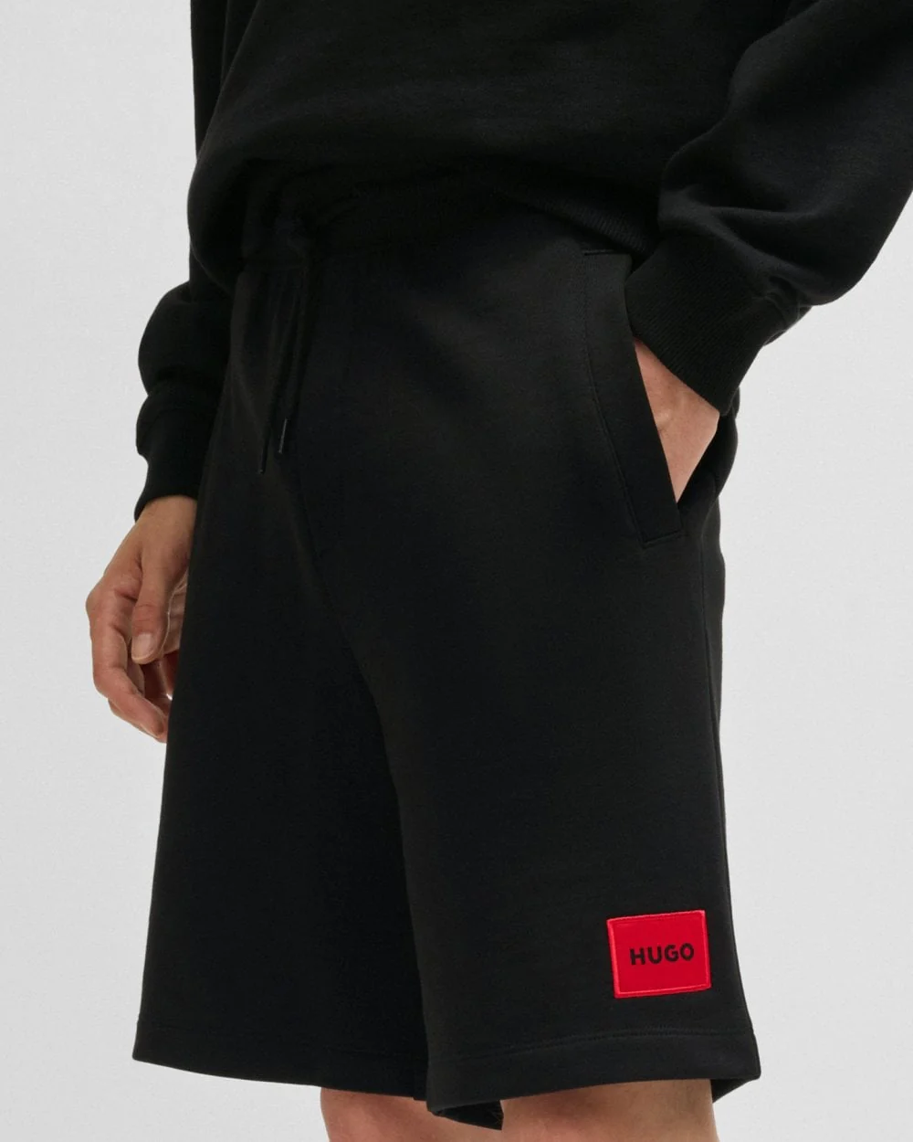 HUGO Diz222 Mens Cotton Terry Shorts with Logo Label - Black 001 - Image 2