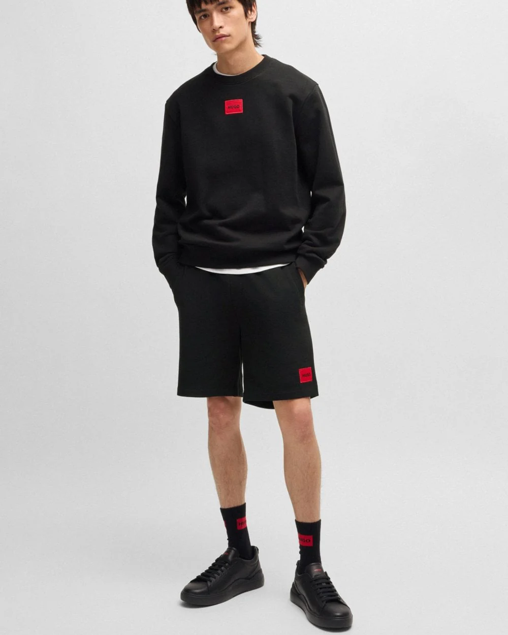 HUGO Diz222 Mens Cotton Terry Shorts with Logo Label - Black 001 - Image 4