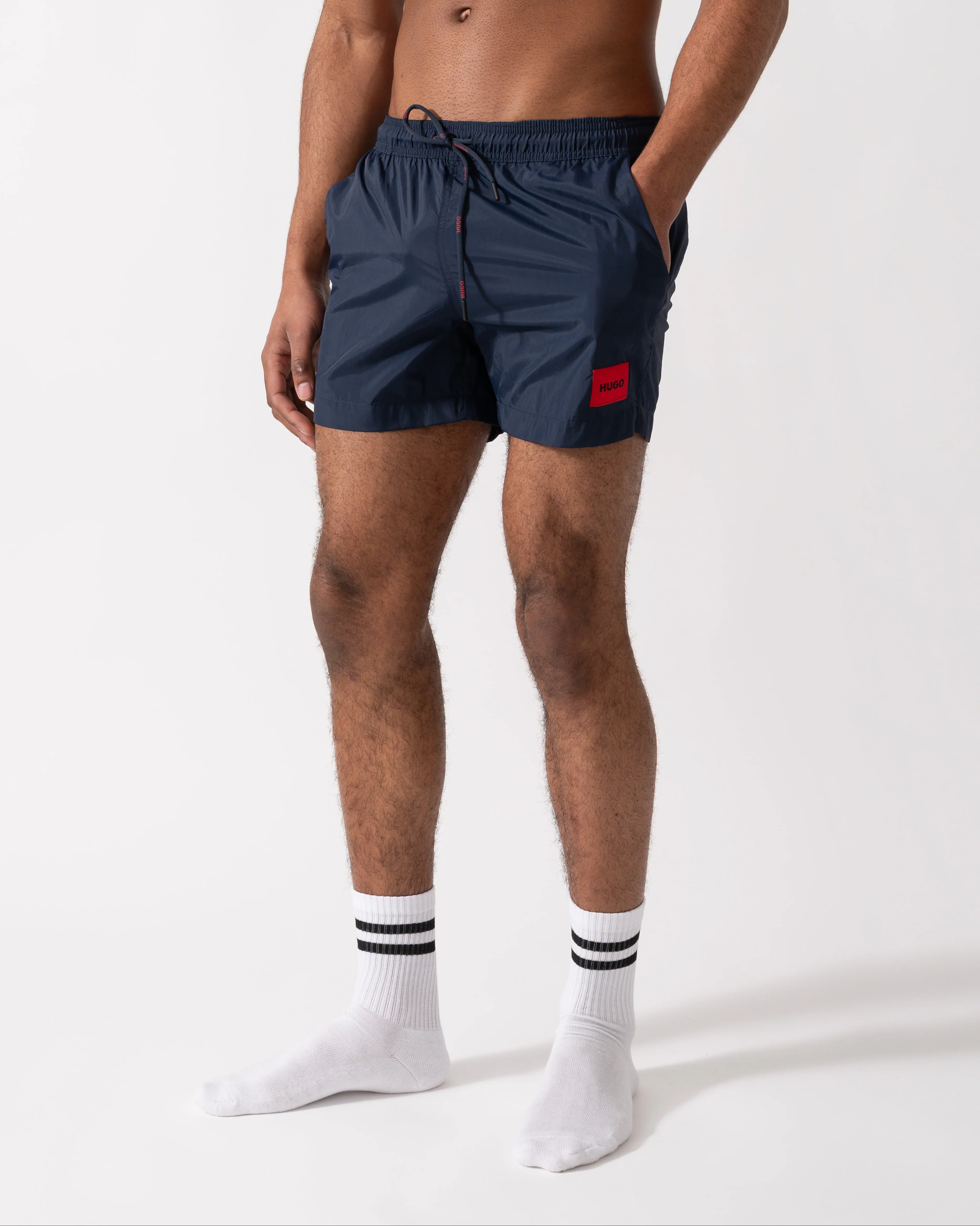 HUGO Mens Dominica Quick-Drying Swim Shorts In Recycled Material With Logo - Dark Blue 405 - Image 2