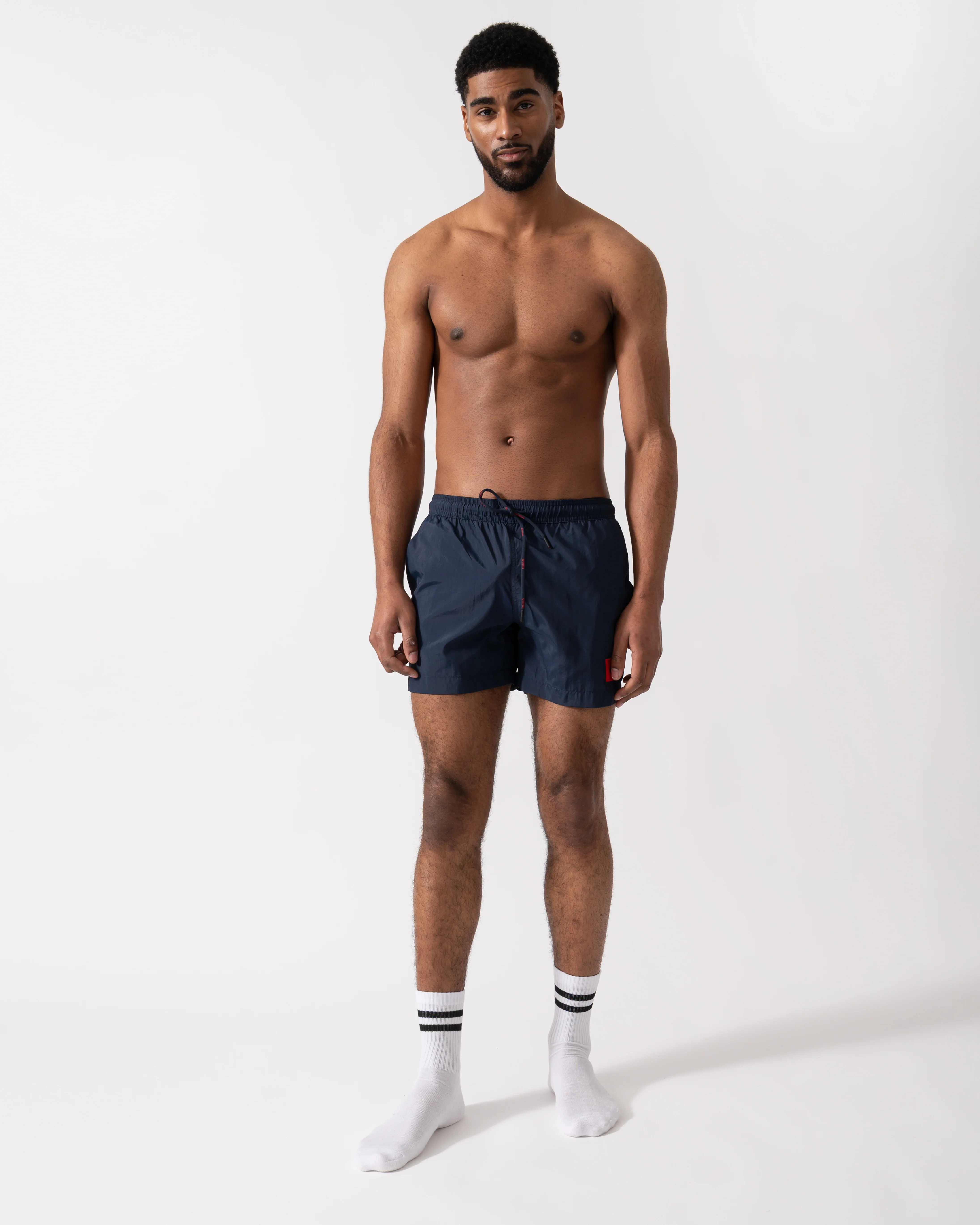 HUGO Mens Dominica Quick-Drying Swim Shorts In Recycled Material With Logo - Dark Blue 405 - Image 3