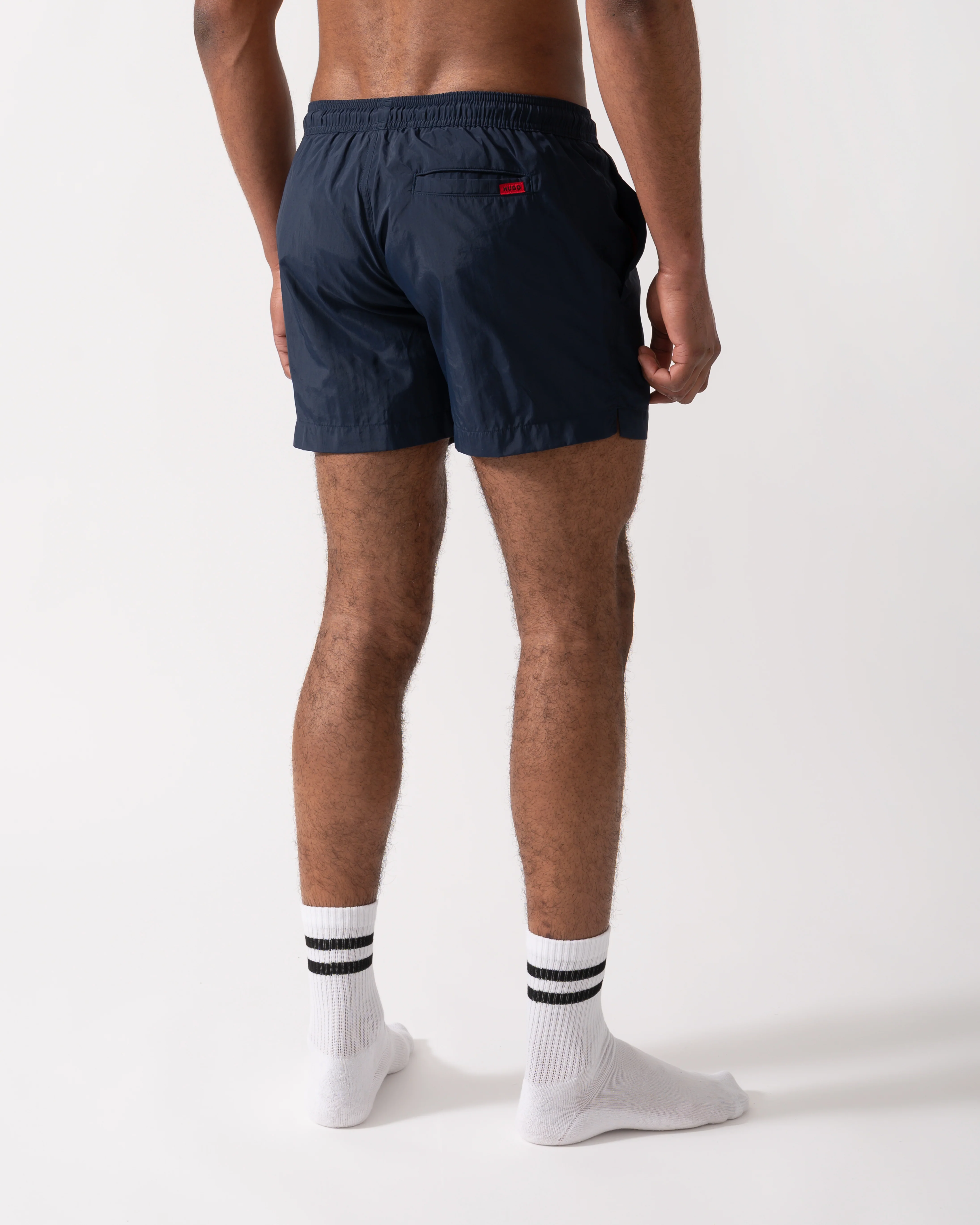 HUGO Mens Dominica Quick-Drying Swim Shorts In Recycled Material With Logo - Dark Blue 405 - Image 4