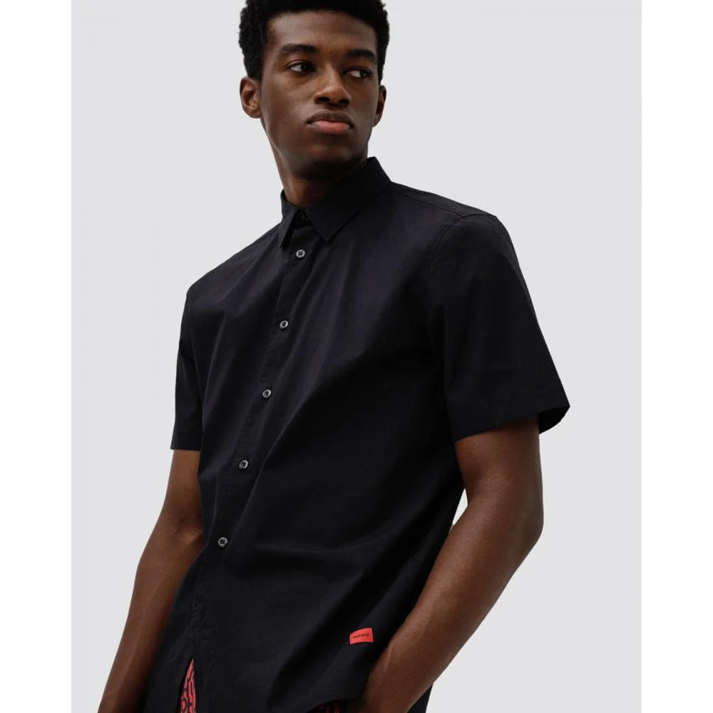 HUGO Ebor Relaxed Fit Mens Stretch Cotton Shirt - Black 001 - Image 5