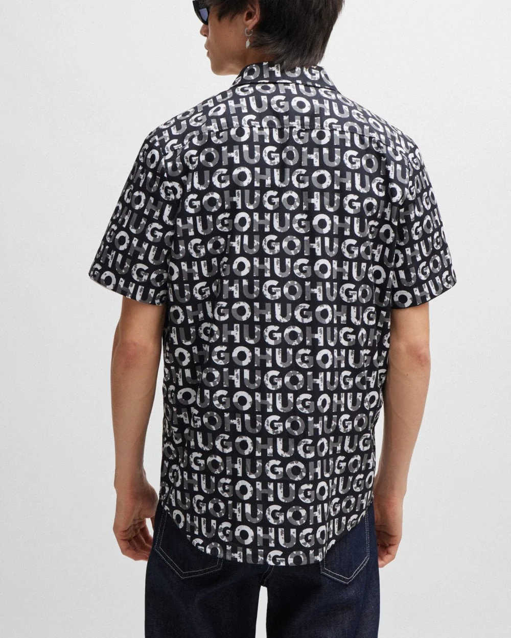 HUGO Ellino AOP Mens Short Sleeve Shirt with Seasonal Logo Print - Image 3