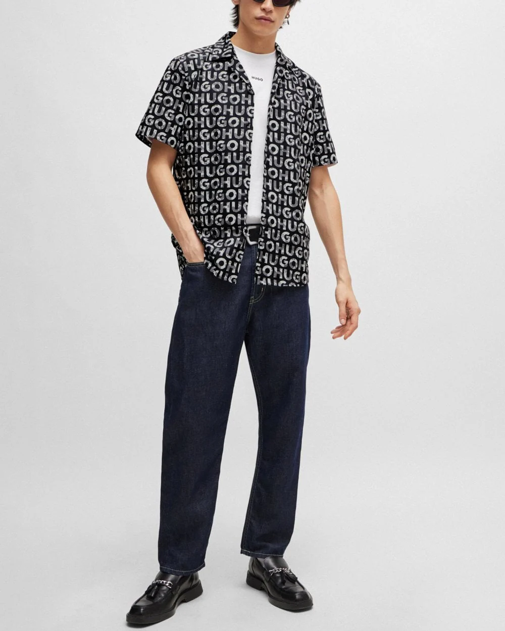 HUGO Ellino AOP Mens Short Sleeve Shirt with Seasonal Logo Print - Image 4
