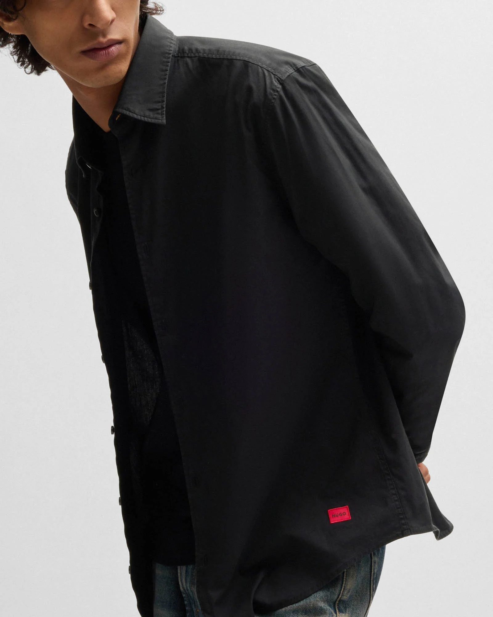 HUGO Ermo Mens Slim-Fit Shirt in Stretch-Cotton Canvas - Black 001 - Image 3