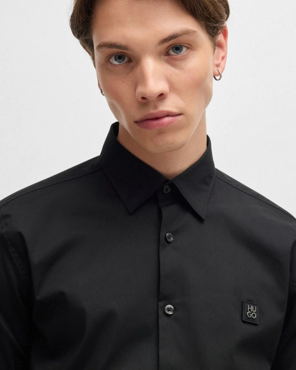 HUGO Ermo Mens Slim Fit Shirt in Stretch Cotton with Stacked Logo - Black 001 - Image 2