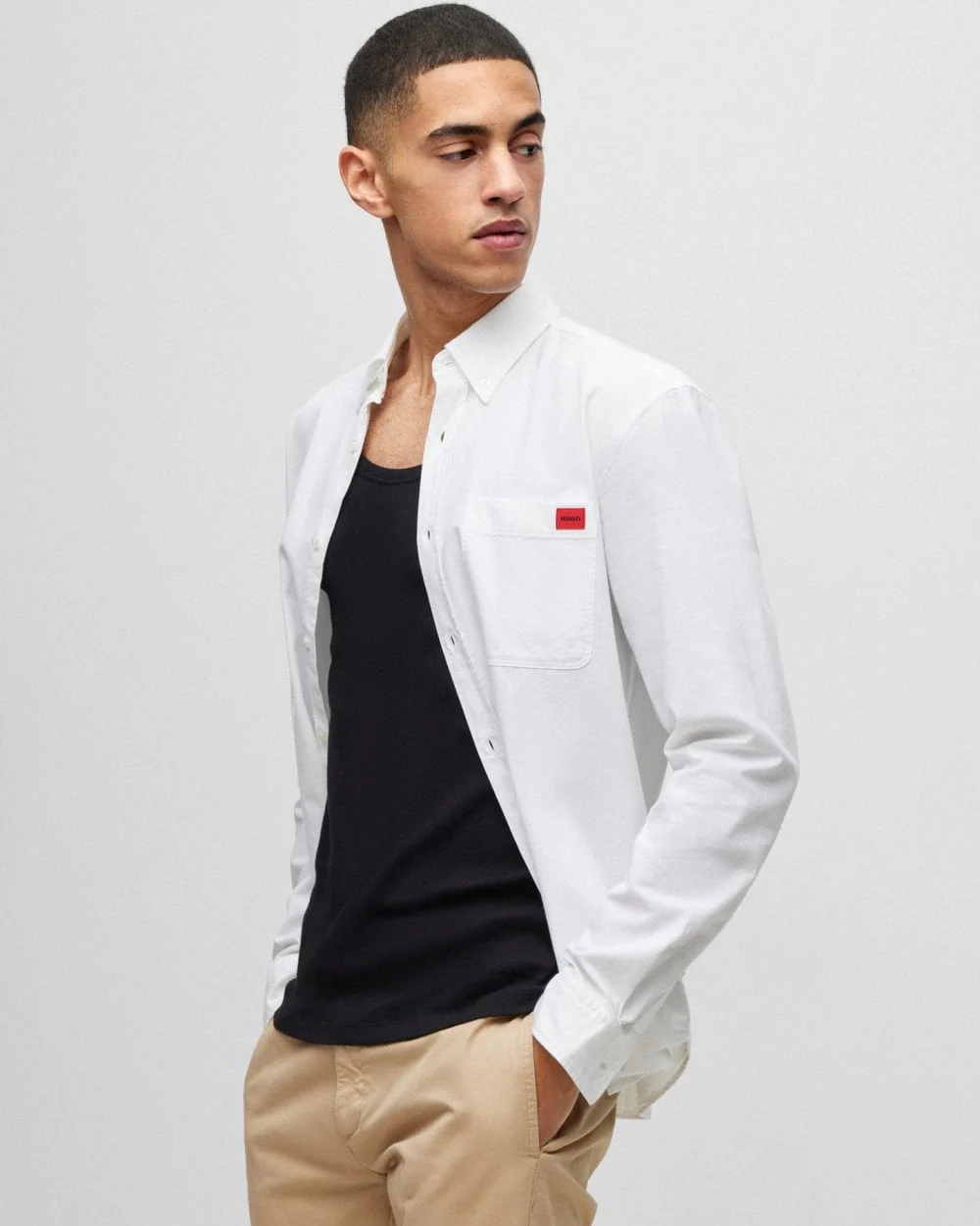 HUGO Evito Slim Fit Mens Long Sleeved Shirt - Open White 199 - Image 3