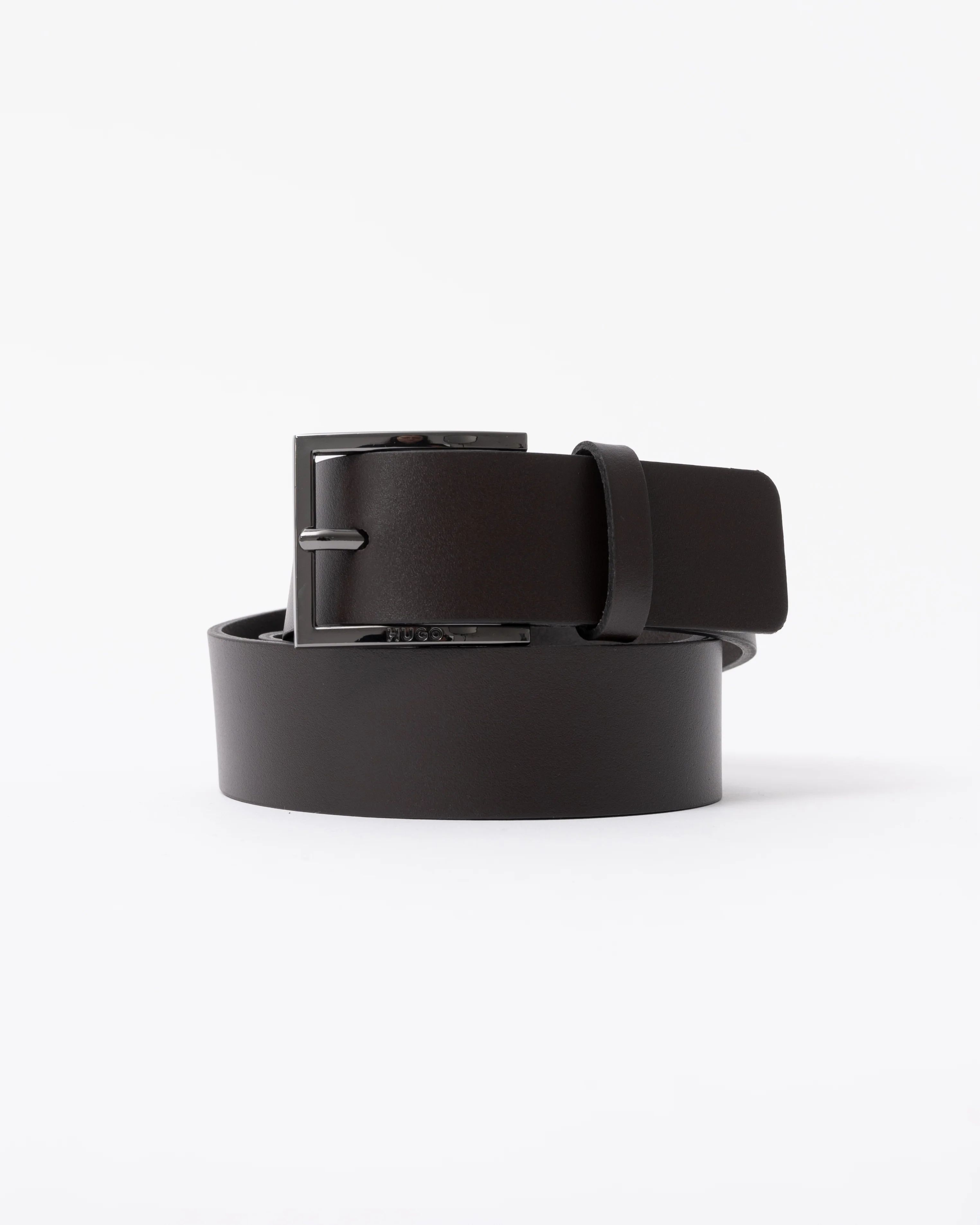 HUGO Mens Geek Smooth Leather Belt with Brushed Silver Buckle - Dark Brown 202 - Image 2