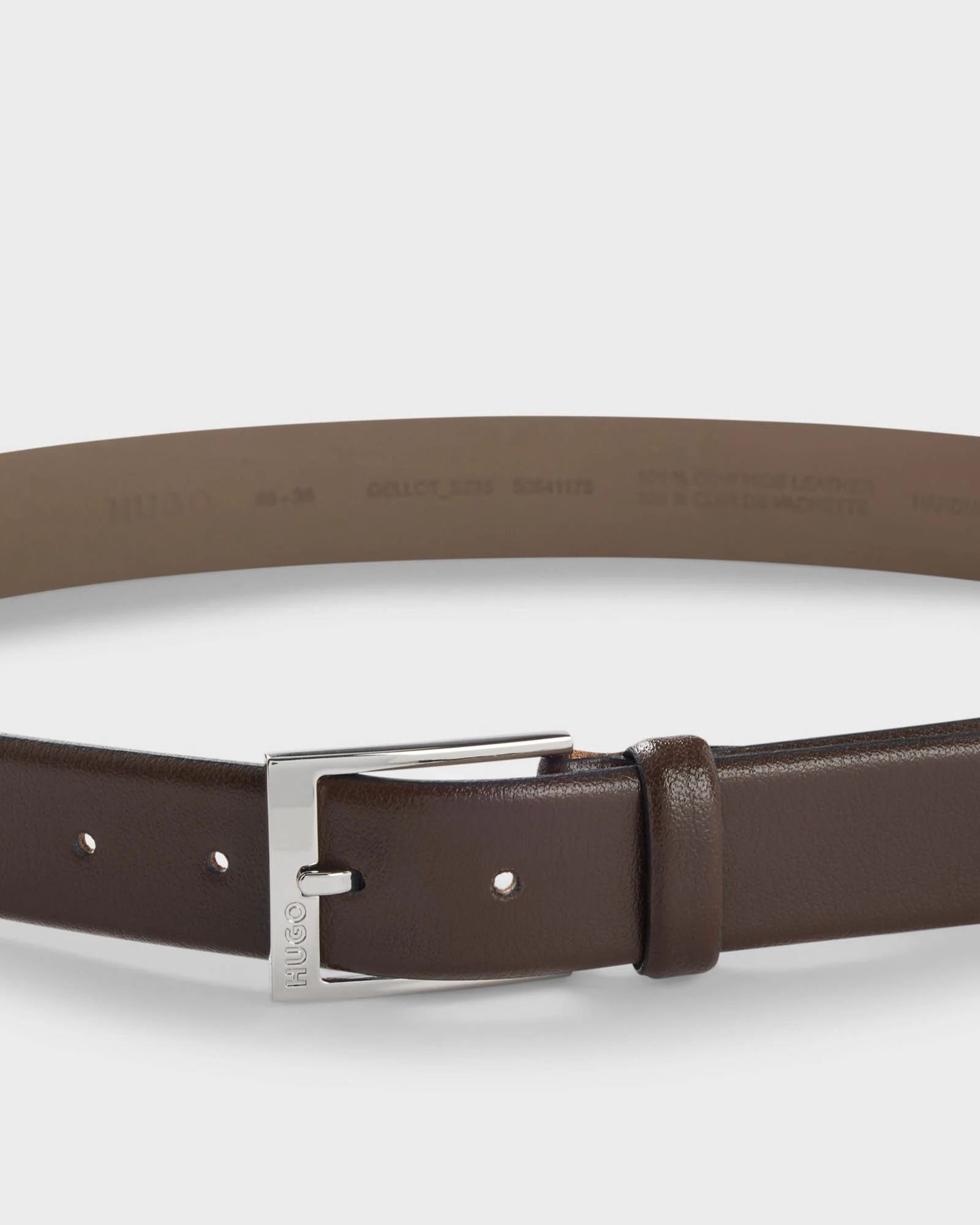 HUGO Gellot Mens Grained-Leather Belt with Logo Engraved Buckle - Dark Brown 202 - Image 2