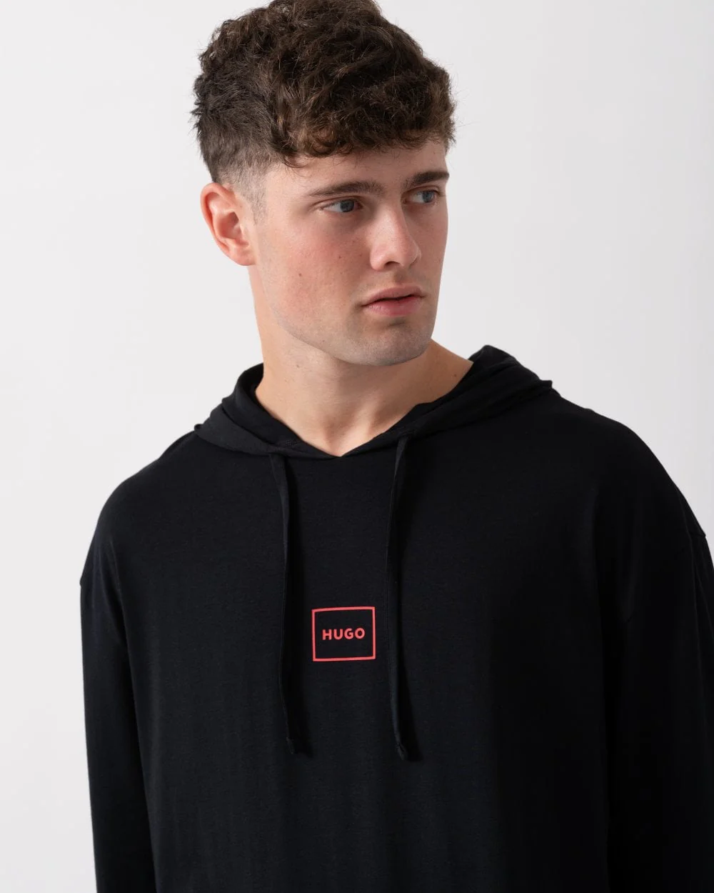 HUGO Laze Mens Stretch-Cotton Relaxed Fit Hoodie with Logo Print - Image 2
