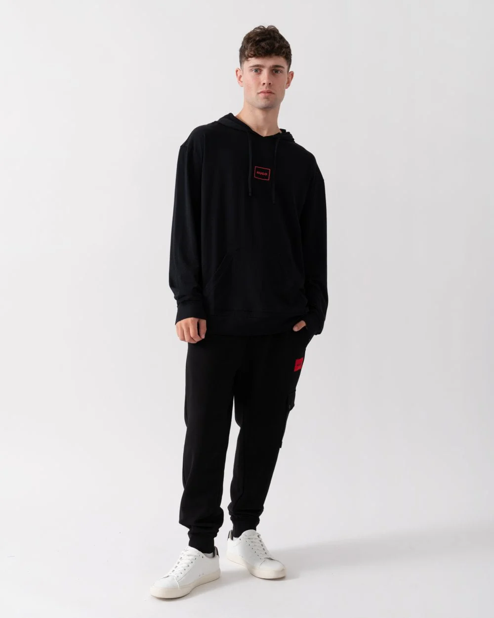 HUGO Laze Mens Stretch-Cotton Relaxed Fit Hoodie with Logo Print - Image 3