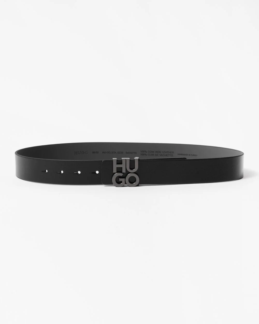 HUGO Mens Leather Belt with Stacked Logo Buckle