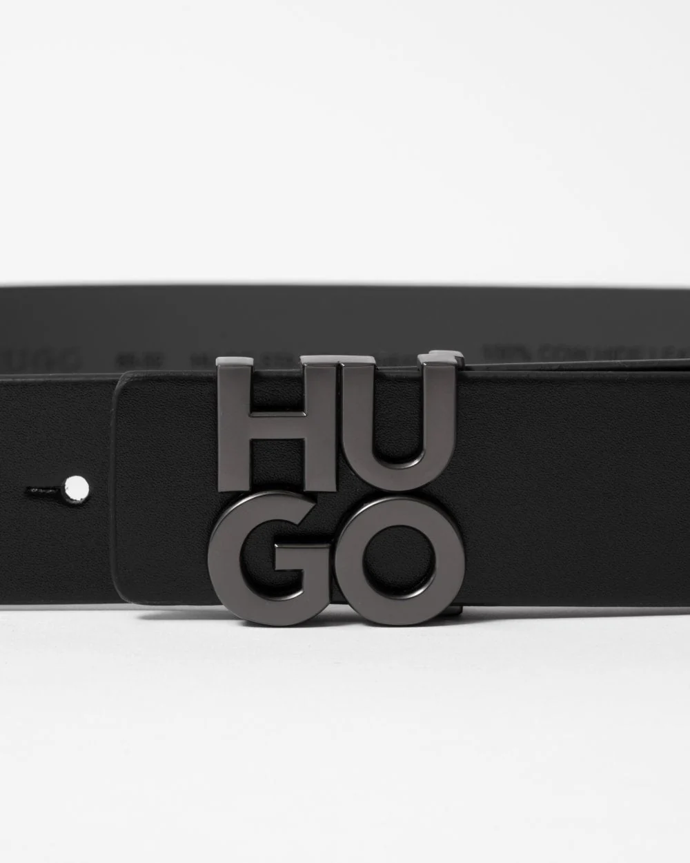 HUGO Mens Leather Belt with Stacked Logo Buckle - Image 2