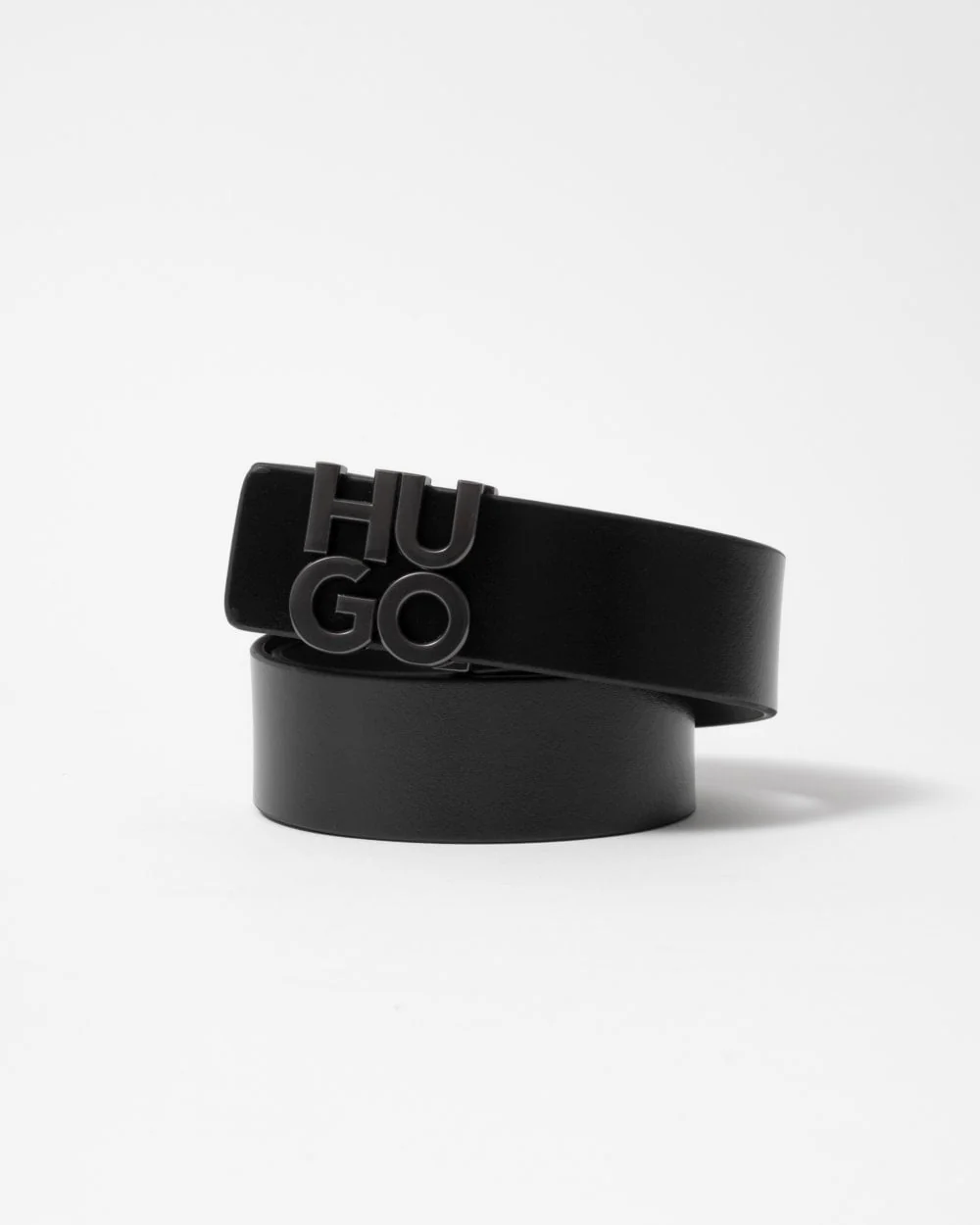 HUGO Mens Leather Belt with Stacked Logo Buckle - Image 3