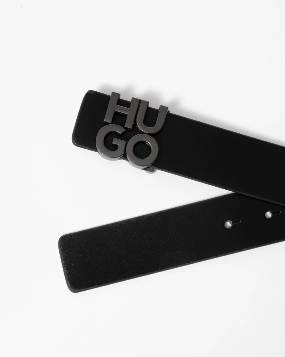 HUGO Mens Leather Belt with Stacked Logo Buckle - Image 4