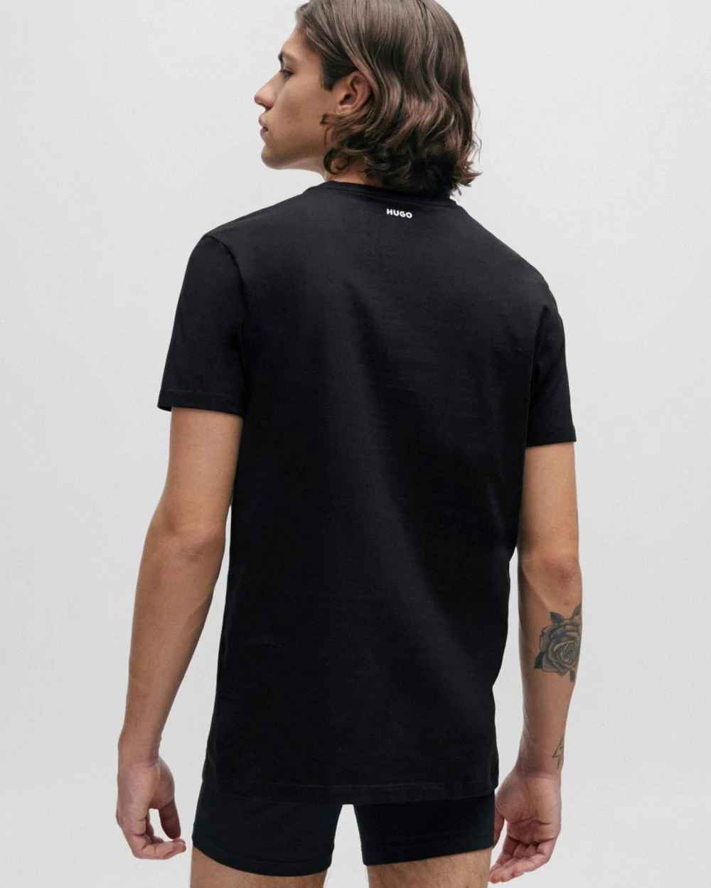 HUGO Round Mens Two-Pack of Slim-Fit T-Shirts in Stretch Cotton NOS - Black 001 - Image 3
