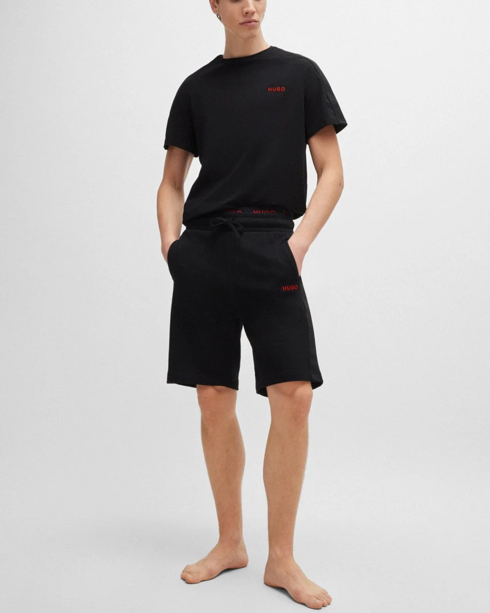 HUGO Tonal Logo Mens Stretch-Cotton Loungewear T-Shirt with Logo Tape Sleeves - Image 2