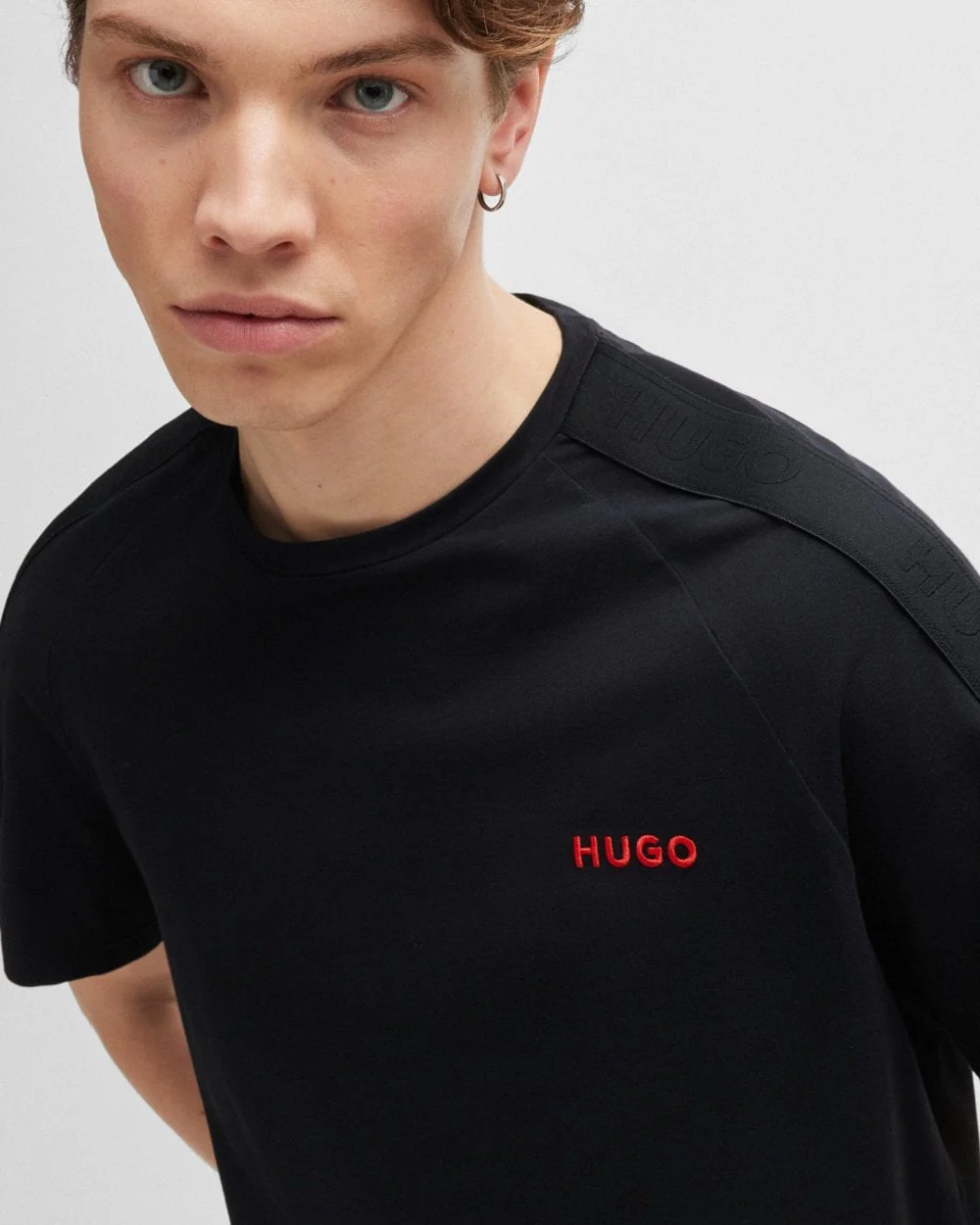HUGO Tonal Logo Mens Stretch-Cotton Loungewear T-Shirt with Logo Tape Sleeves - Image 3