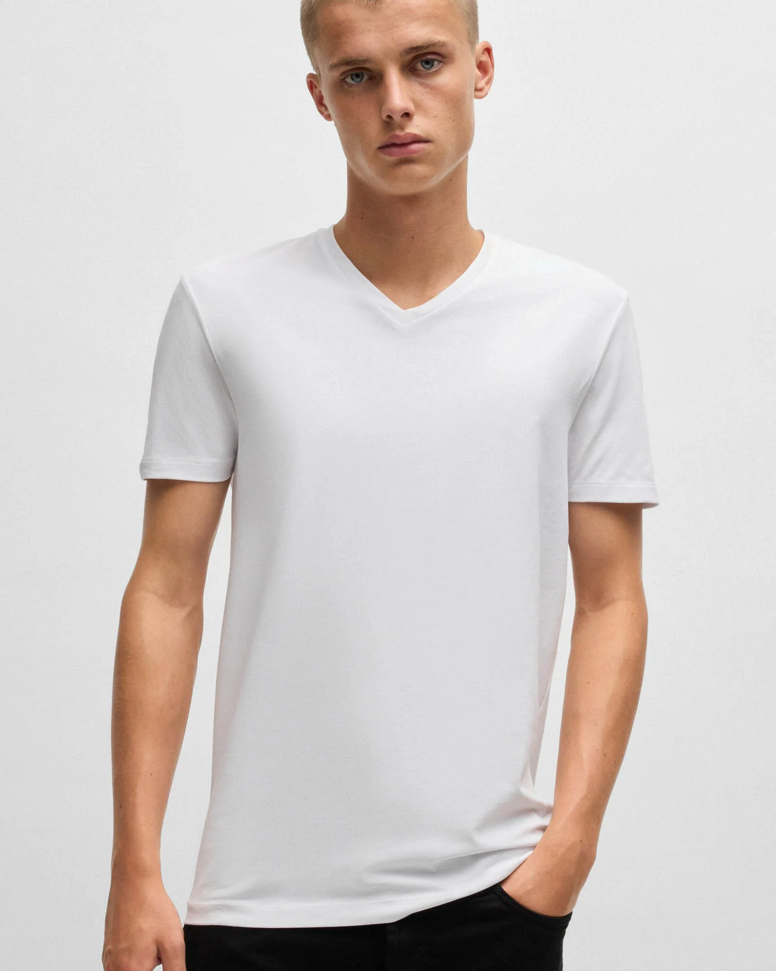 HUGO-V 2-Pack Mens V-Neck T-Shirts in Stretch Cotton - White/Black 960 - Image 3