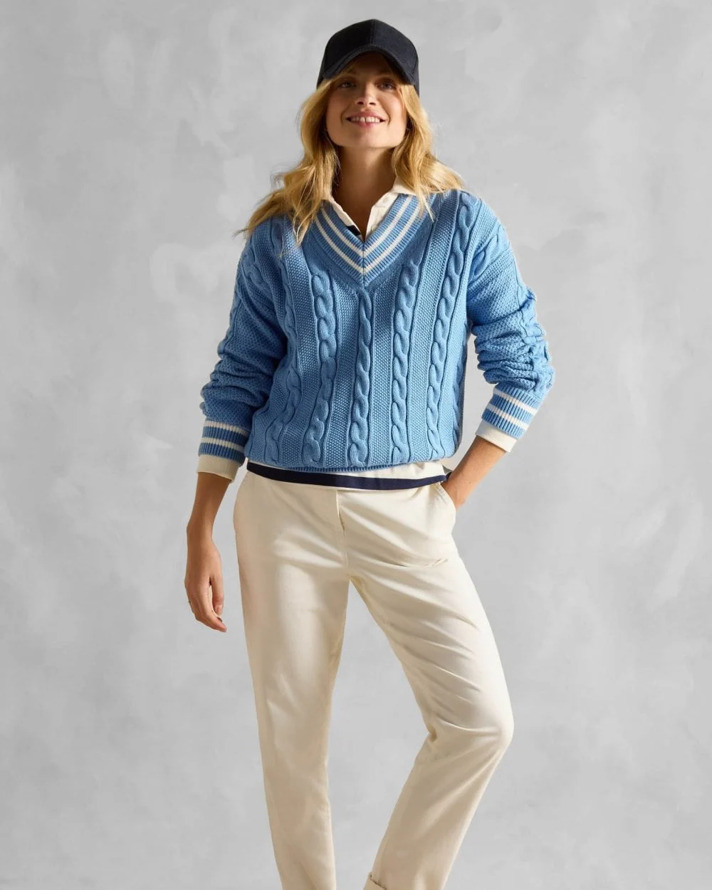 Joules Dibly Womens V-Neck Cable Knit Jumper - Blue - Image 2