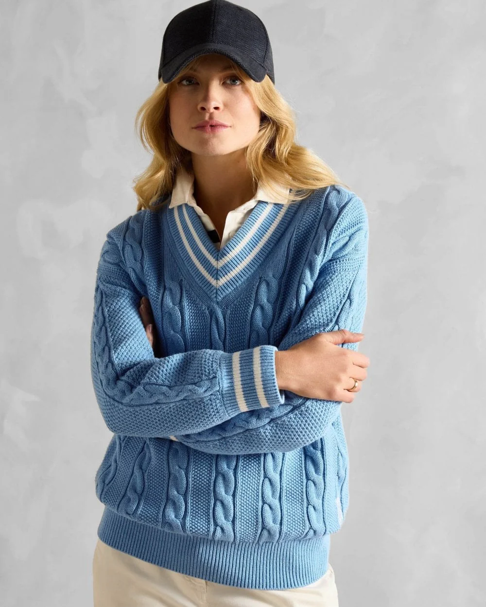 Joules Dibly Womens V-Neck Cable Knit Jumper - Blue - Image 3