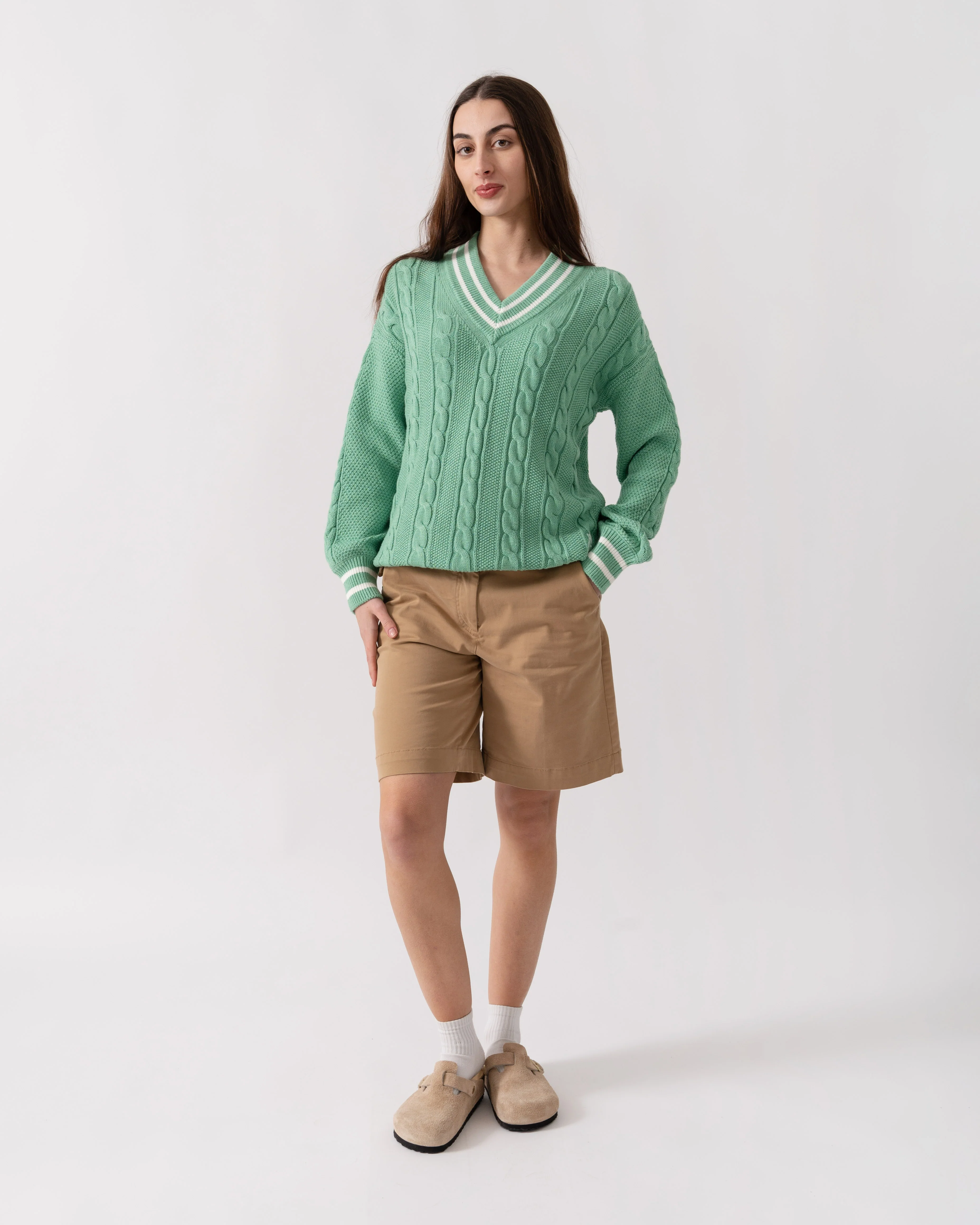 Joules Dibly Womens V-Neck Cable Knit Jumper - Green - Image 2