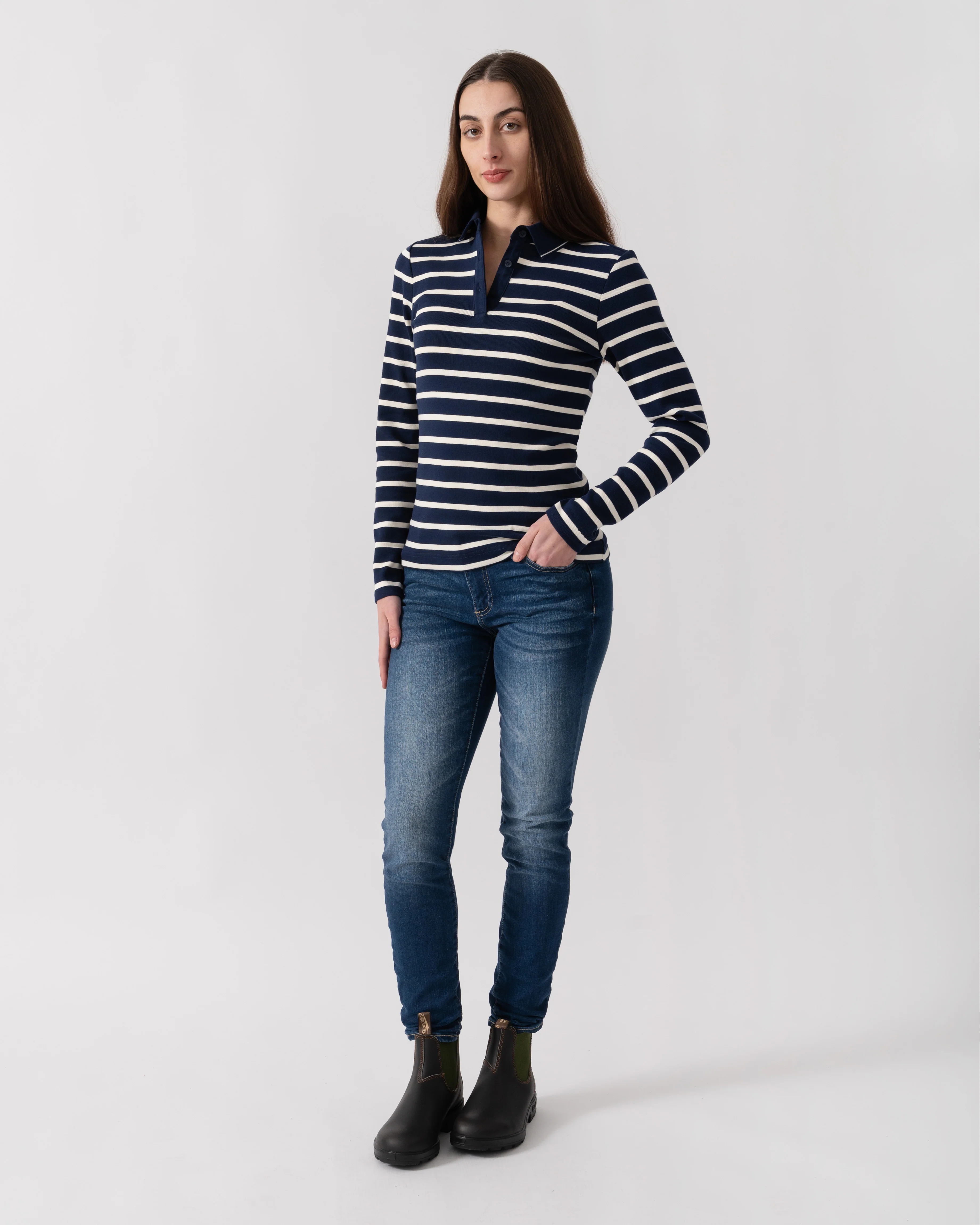 Joules Fairfield Womens Ribbed Polo - Navy/Cream Stripe - Image 2