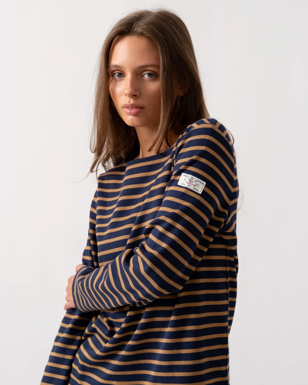Joules Harbour Womens Broad Stripe Breton Top - Navy Tan Stripe - Image 2