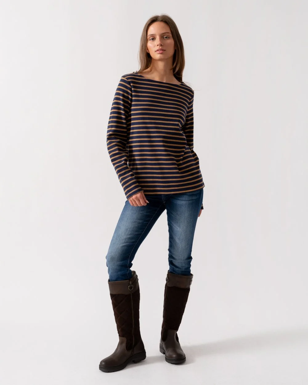 Joules Harbour Womens Broad Stripe Breton Top - Navy Tan Stripe - Image 3