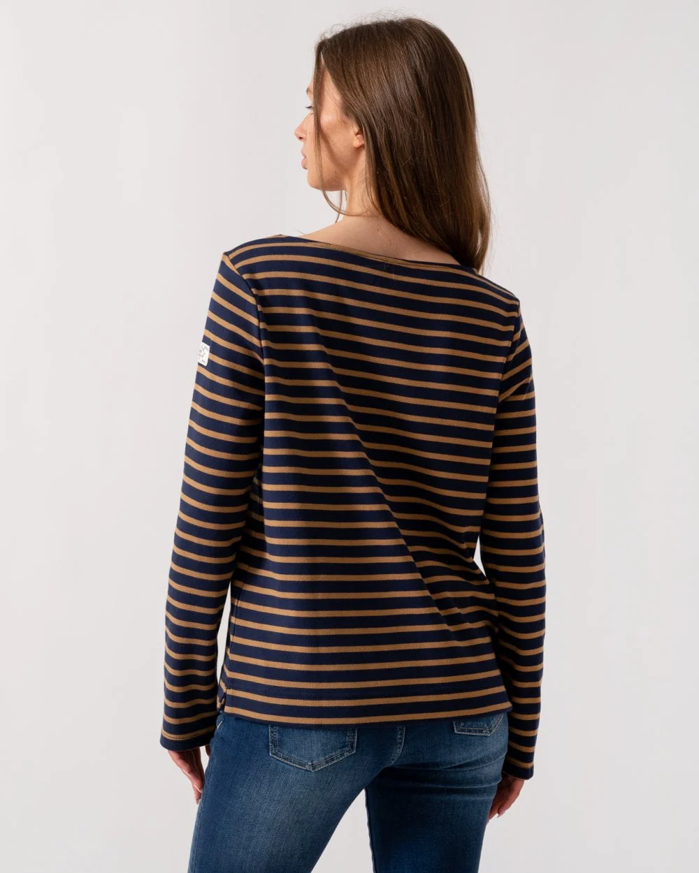 Joules Harbour Womens Broad Stripe Breton Top - Navy Tan Stripe - Image 4