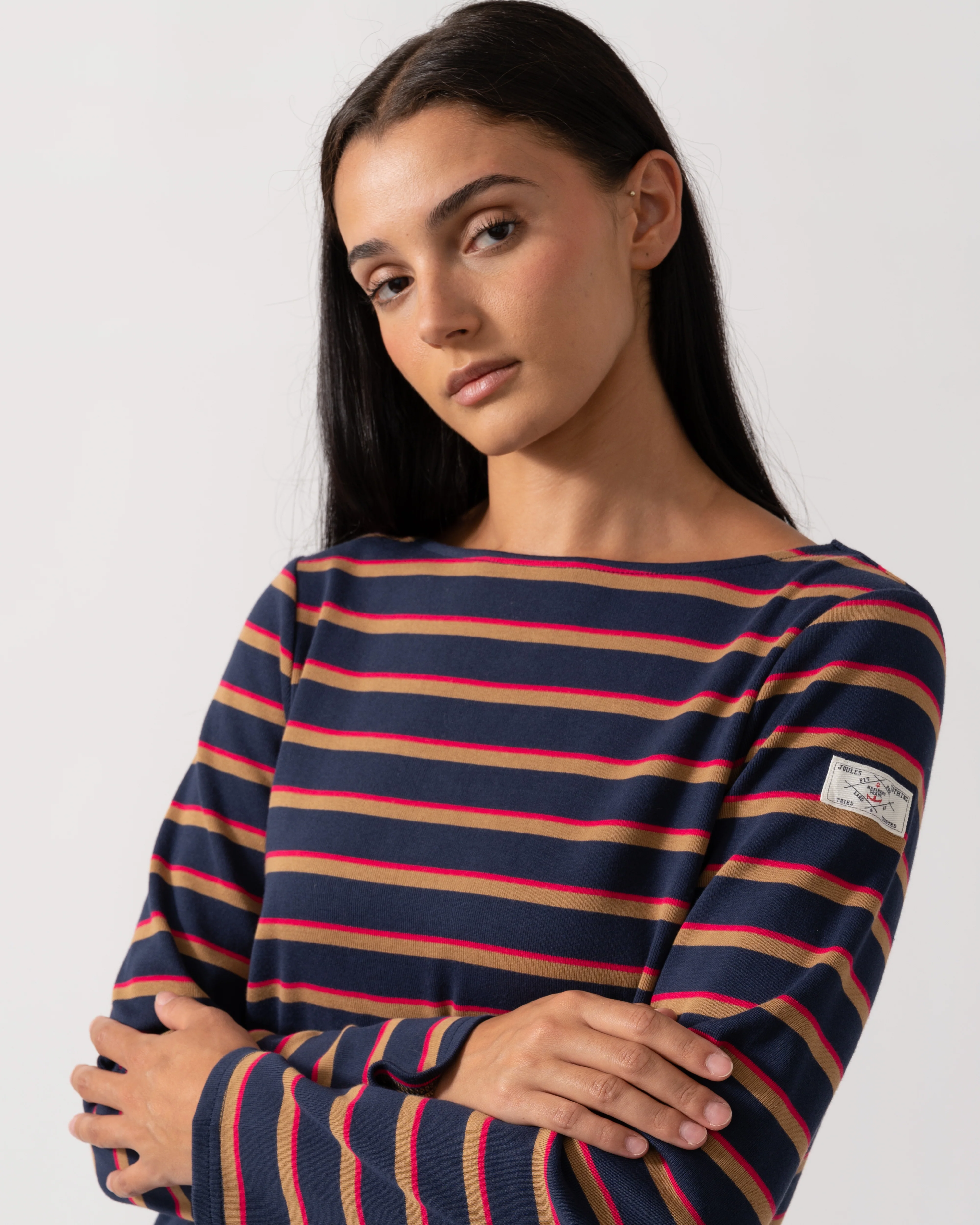 Joules New Harbour Womens Striped Breton Top - Tan/Navy Multi - Image 2