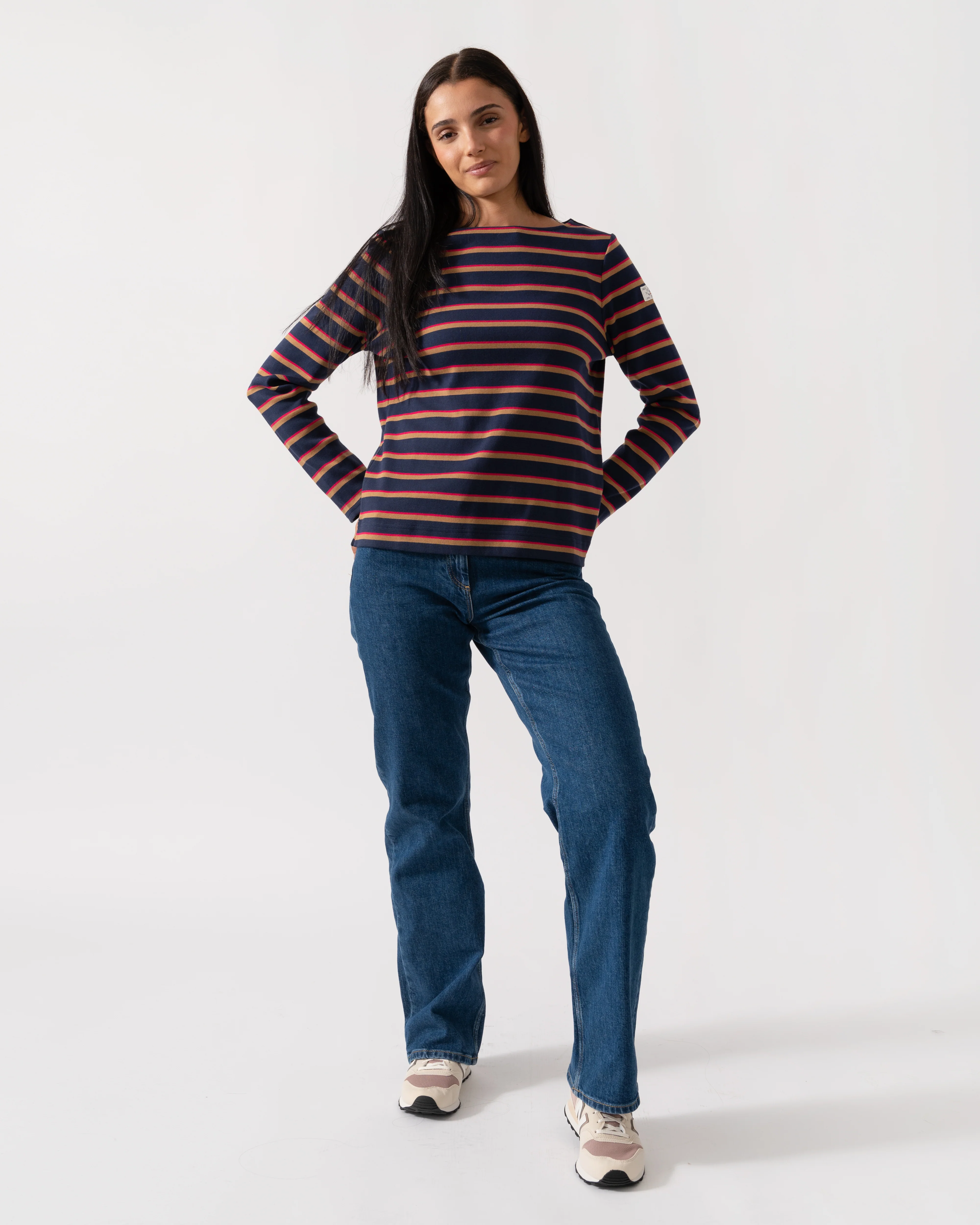 Joules New Harbour Womens Striped Breton Top - Tan/Navy Multi - Image 3