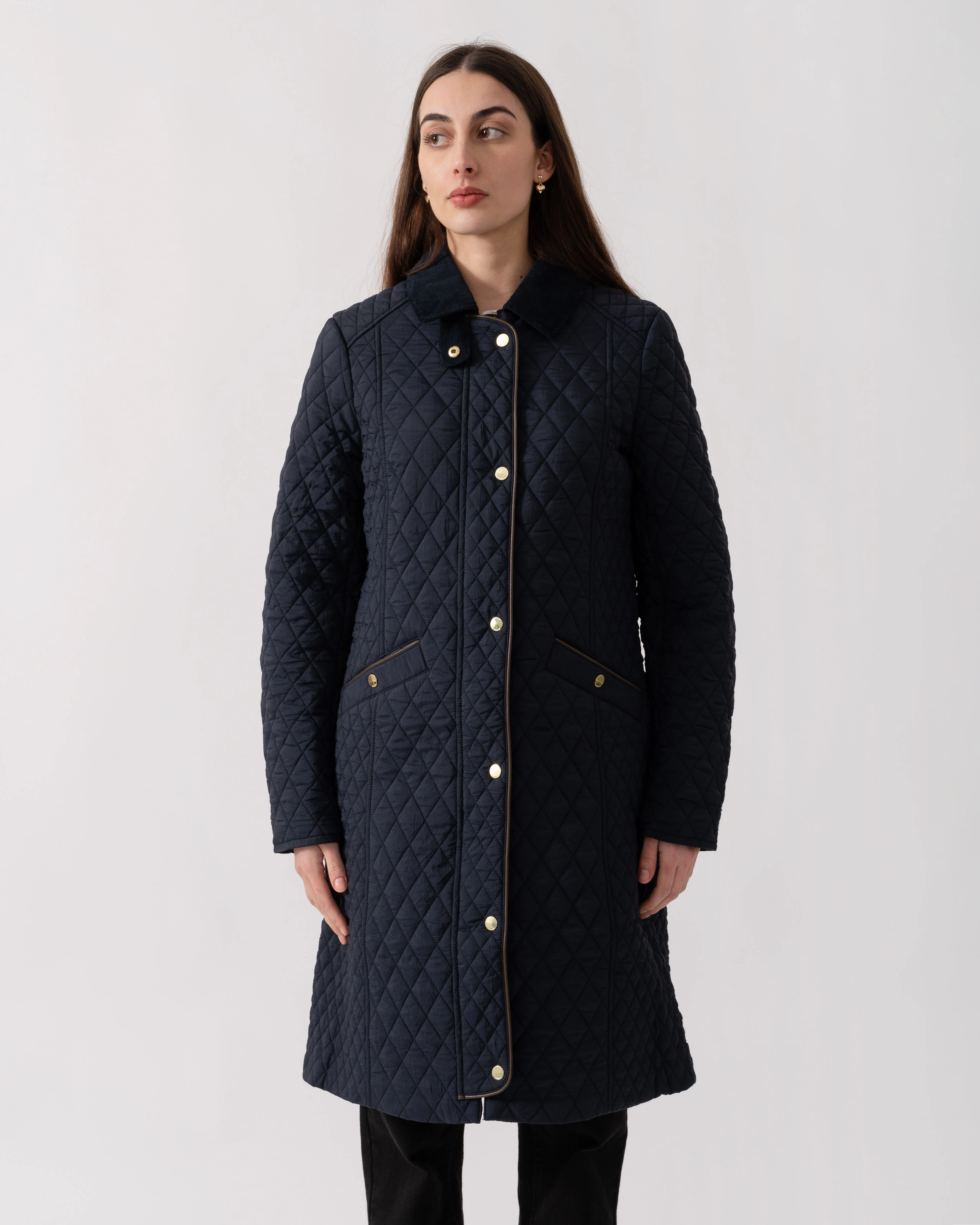 Joules Rosewell Womens Long Diamond Quilt Jacket - Navy - Image 3