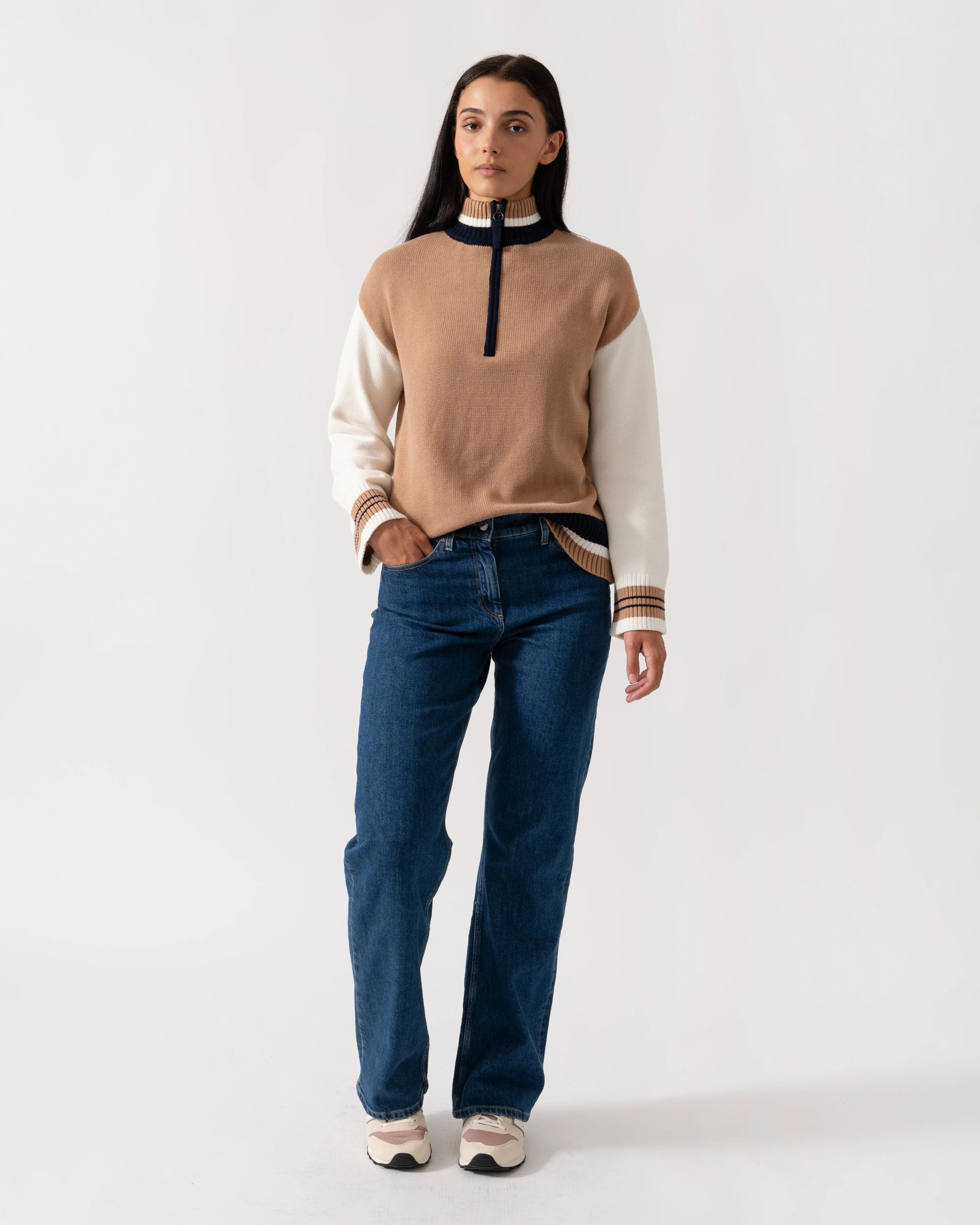 Joules Varsity Zip Womens 1/4 Zip Jumper - Tan Brown - Image 2